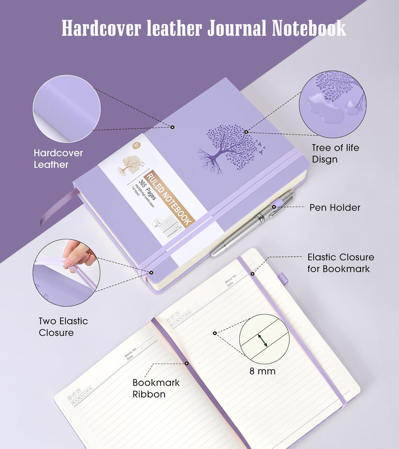 Lined Journal Notebook, 365 Pages B5 Large Journals for Writing Ruled Notebook, Hardcover Leather Journal for Women Men, Daily Notebook for Work, Note Taking, 100Gsm Thick Paper( 7.6'' X 10'' Purple)