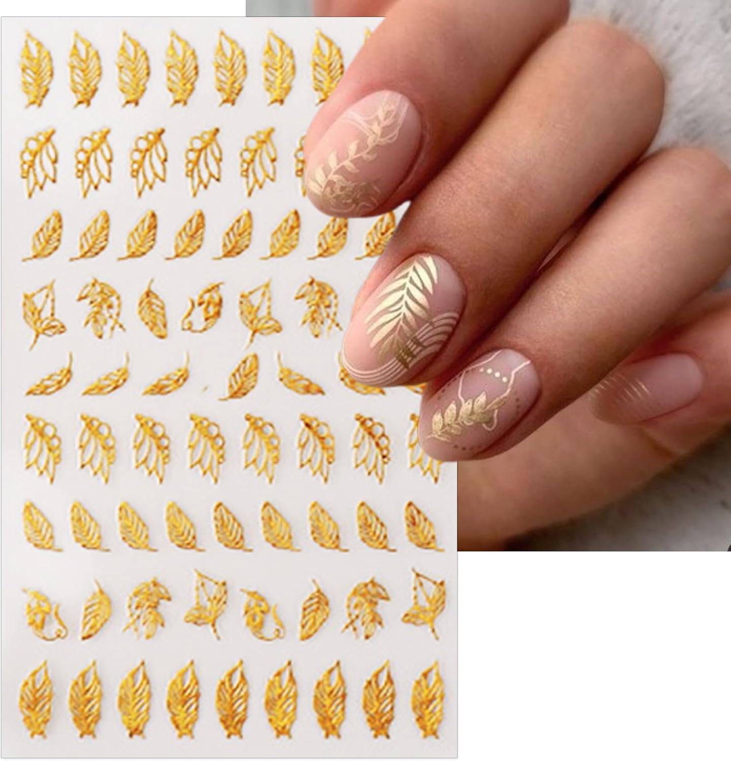 Gold Leaves Nail Art Stickers - Minimalism Geometry Line Self-Adhesive 3D Nail Decals for DIY Golden Manicure(10 Sheets)