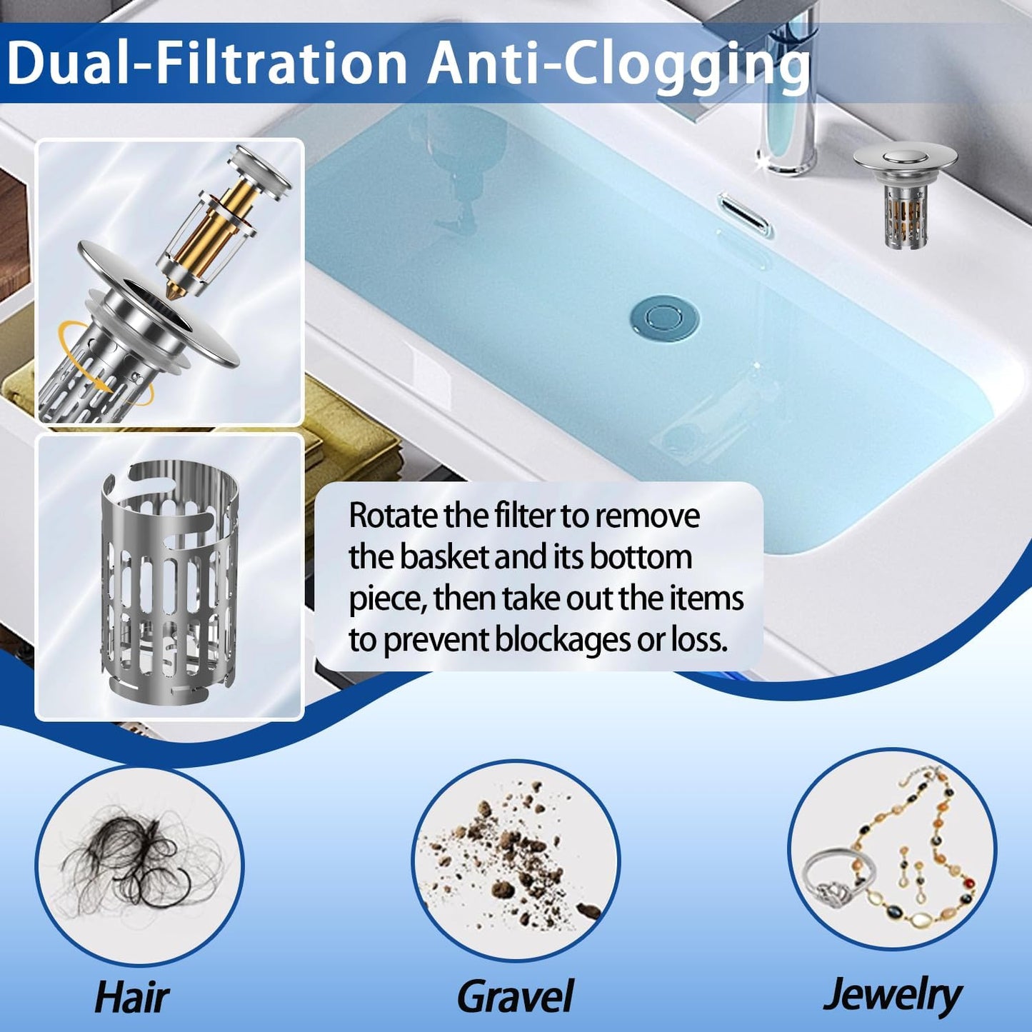 Bathroom Sink Drain Strainer, Pop Up Sink Drain Filter with Removable Stainless Steel Filter Basket Hair Catcher, Sink Drain Strainer, for Us Bathroom Sink Stopper Replacement