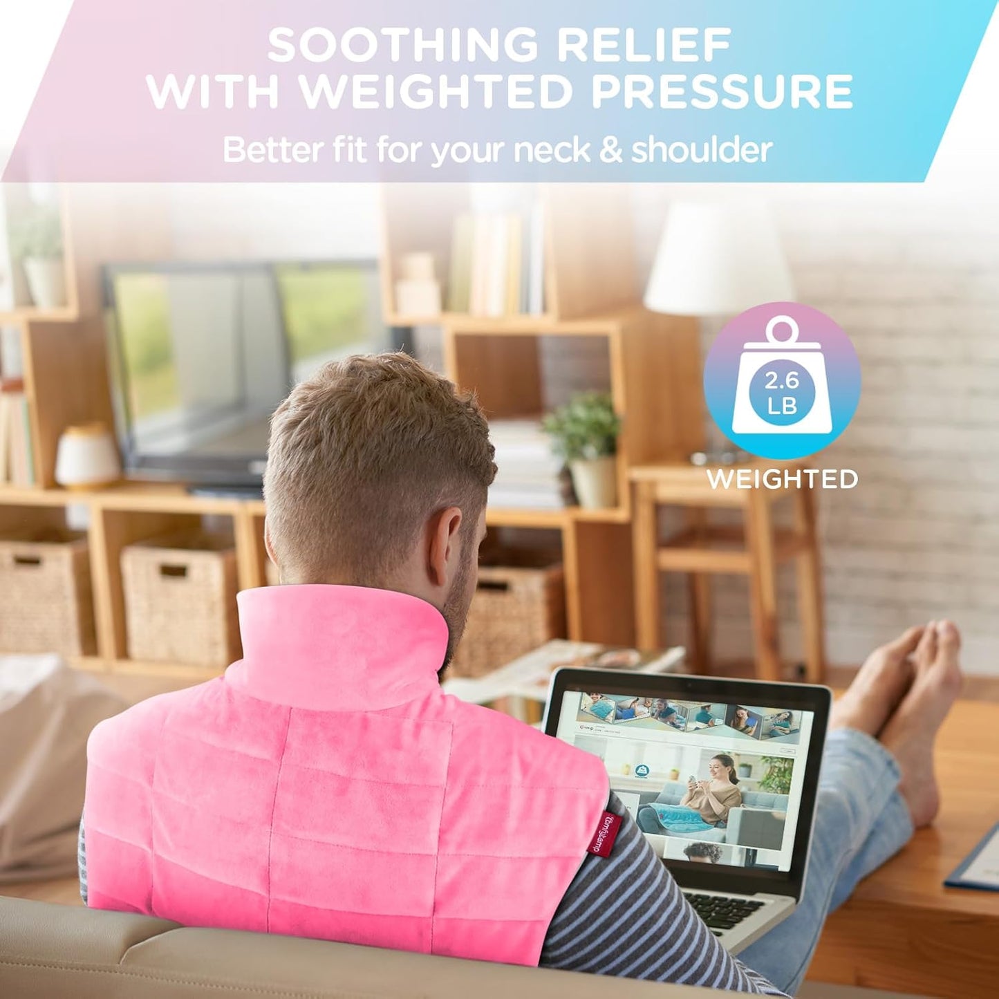 Comfytemp Heating Pad for Neck and Shoulders and Back, Weighted Electric Heat Pad for Pain Relief, 2.6lb Large Heated Wrap, 9 Heat Levels, 11 Auto-Off, Gifts for Women Mom Wife, Pink