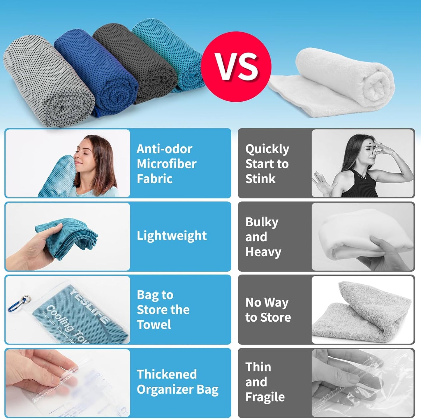 YESLIFE 4 Pack Cooling Towel 40"x12", Gym Towels for Men and Women, Soft Breathable Workout Towels for Yoga, Running, Sport, & More (Black, Dark Blue, Blue, Grey)