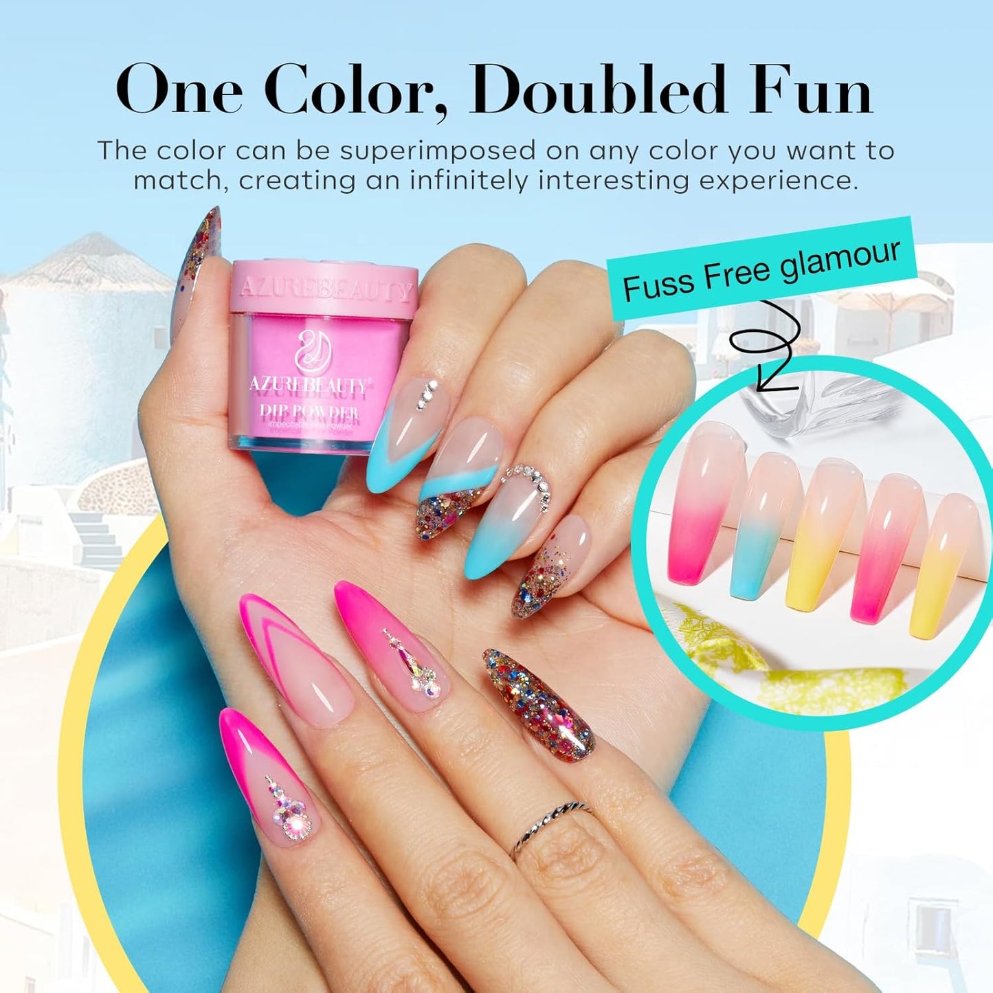 AZUREBEAUTY Dip Powder Nail Kit Starter, 4 Colors Pink Yellow Blue Glitter Dipping Powder Liquid Set Recycling Tray with Base & Top Coat Activator for French Fingernail Art Manicure Salon DIY at Home