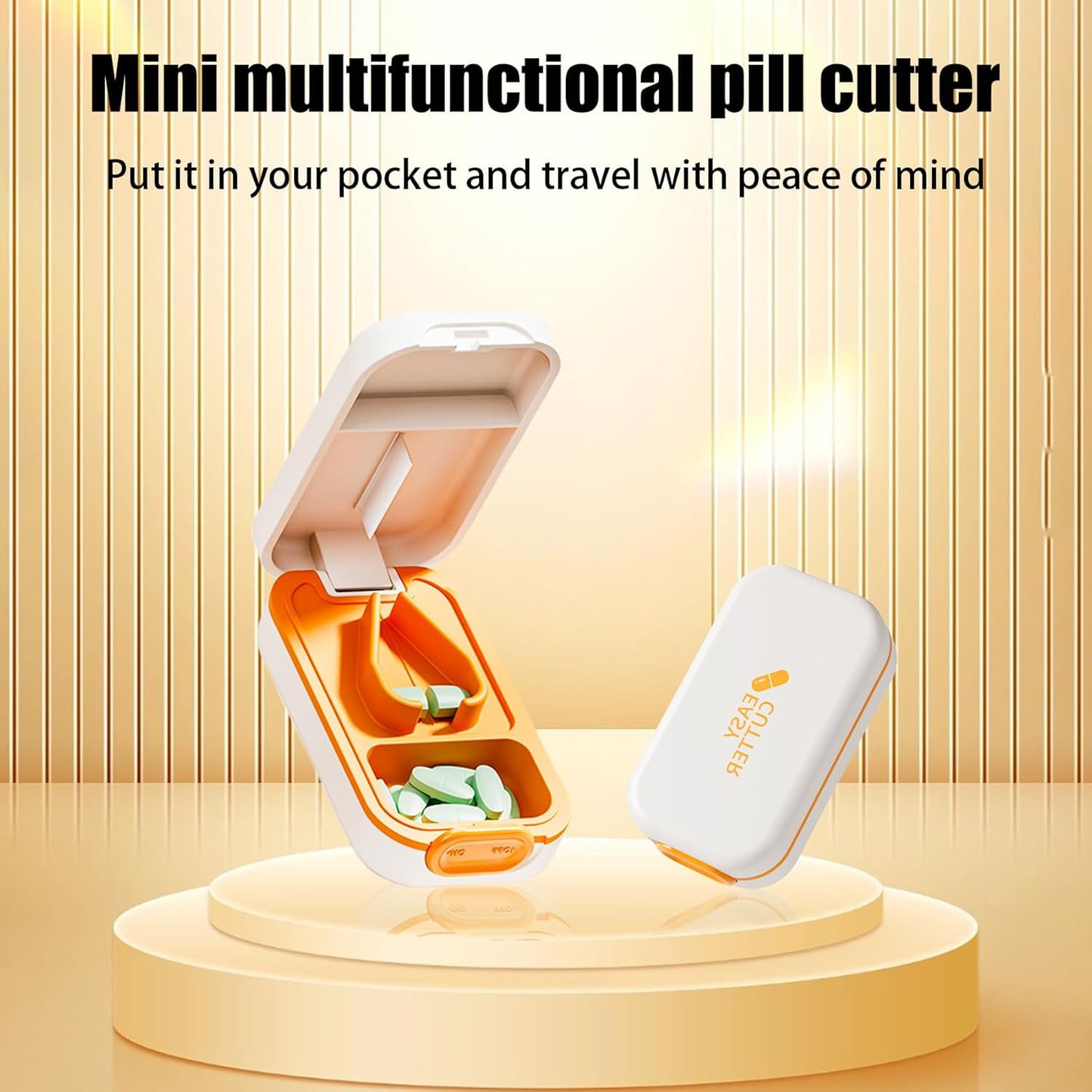 Pill Cutter Splitter for Small or Large Pills with Safety Lock - Accurate and Easy Travel-Friendly Design for Daily Use (Orange)