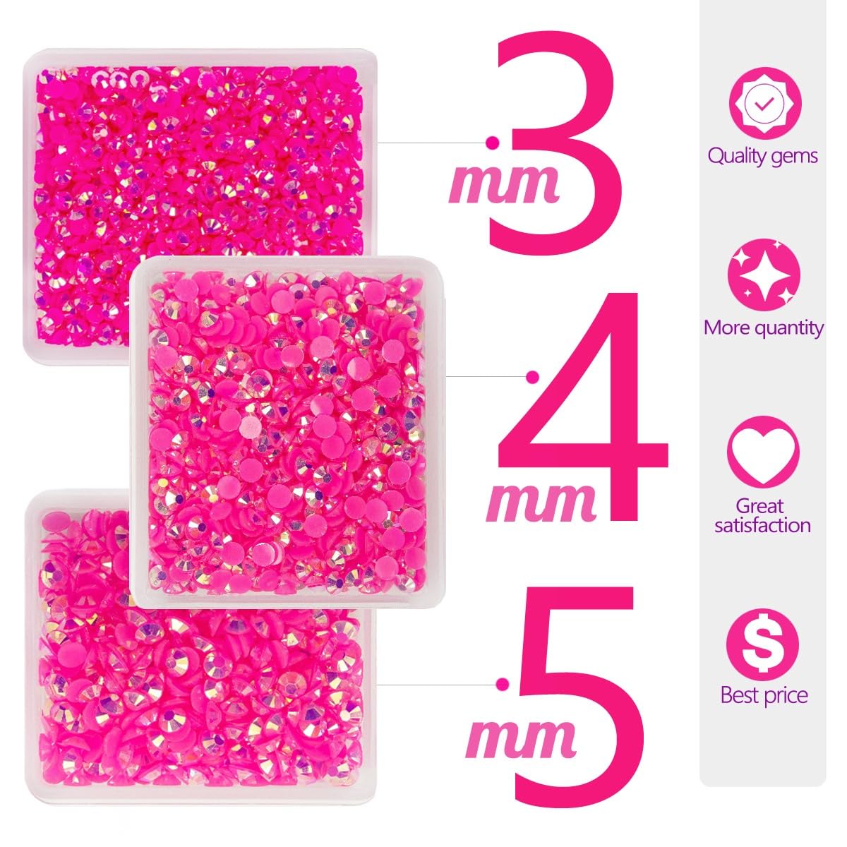 Hot Pink AB Resin Rhinestones for Crafting 3mm 4mm 5mm Rose Pink Flatback Jelly Stones SS10 SS16 SS20 Non-Hotfix Diamonds Gems Charms for Nails Face Eyes Makeup Body Tumblers Bottles DIY Crafts