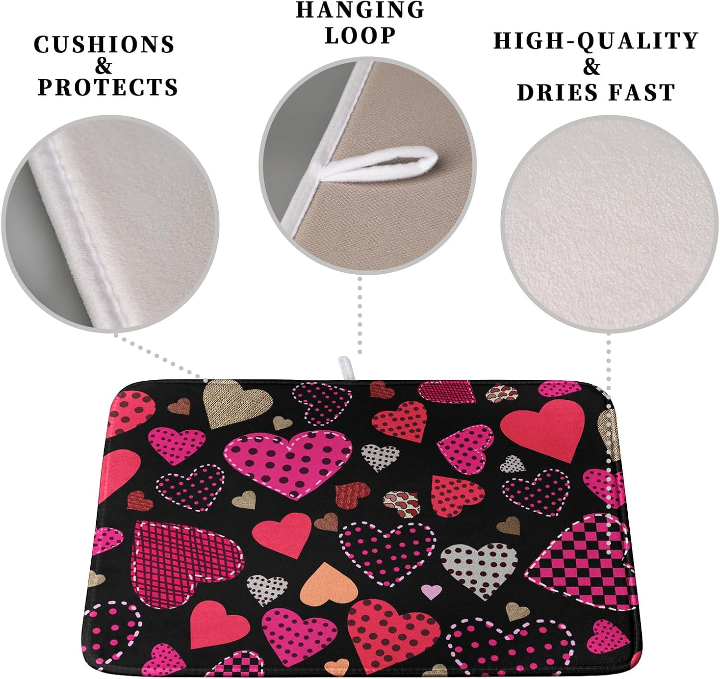 Valentine's Day Kitchen Drying Mats for Dishes 16x18 Inch Love Heart Dish Drying Mat Black Pink Polka Dots Dish Drainer Mat Super Absorbent Dish Rack Pad for Coffee Bar Sinks