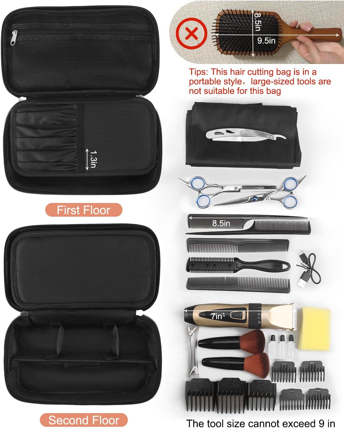 Barber Tool Bag, Hair Clipper Bag Hair Cutting Scissors Storage Bag Shaving Kits Haircut Accessories Organizer Bag Gift for Women (Black)