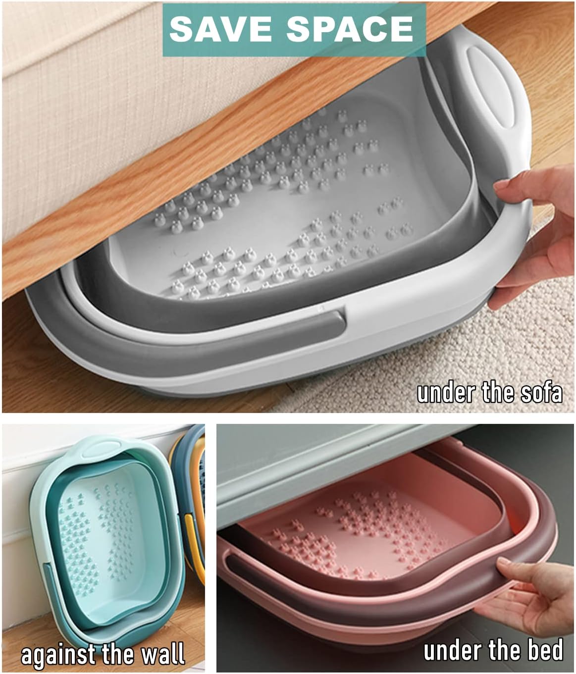 Collapsible Foot Bath Basin Soaker Tub with Handle for Soaking Feet, Foldable Pedicure Foot Spa Massager Foot Care Soak Plastic Inflatable Bucket Bowl Bathtub Tools for Washing Cleaning, White