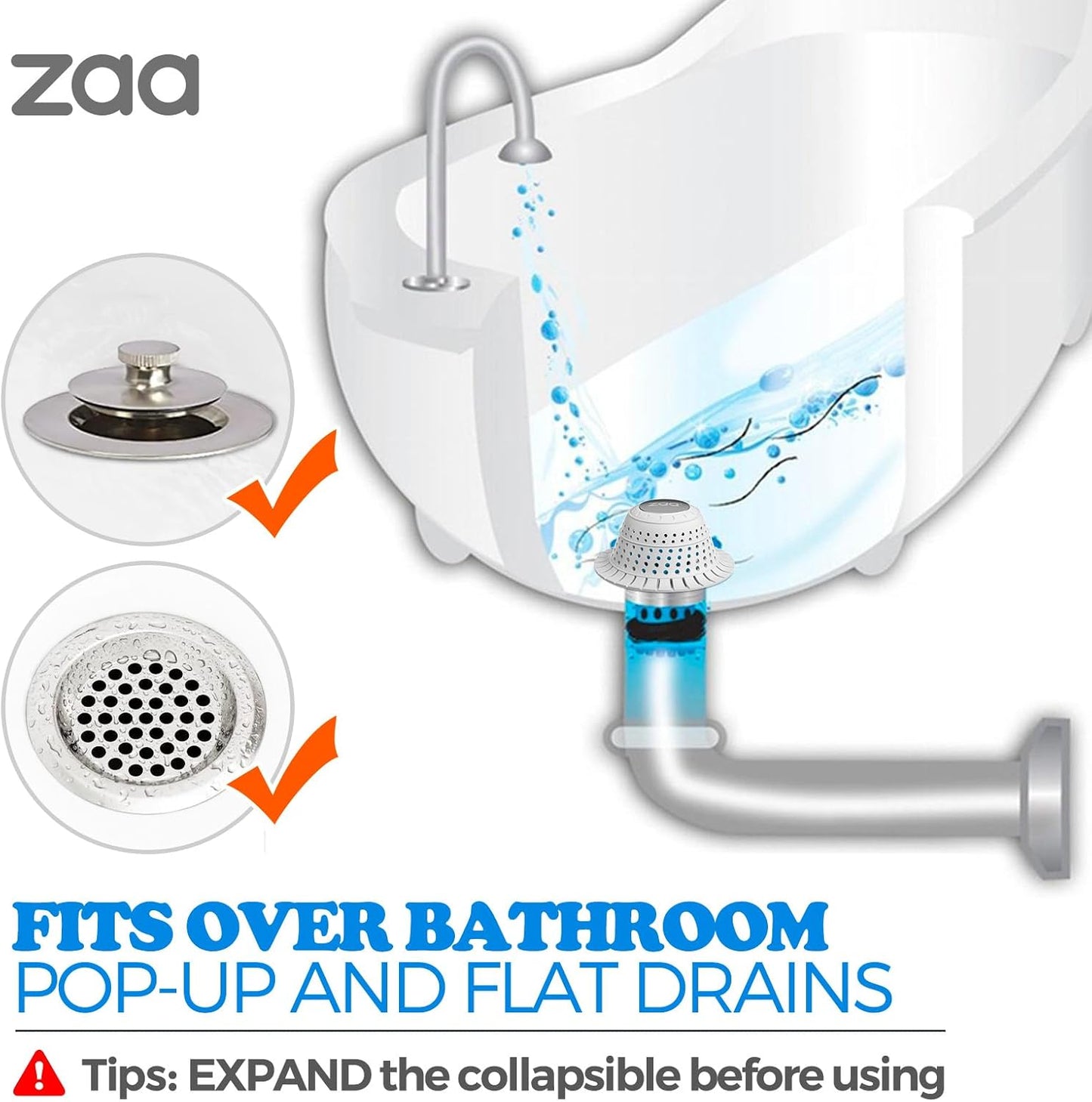 zaa Bathtub Drain Hair Catcher, Premium Silicone Collapsible 1 Pack Drain Protector for Pop-Up and Regular Drains of Shower, Tub, Bathroom, Sink, Light Gray