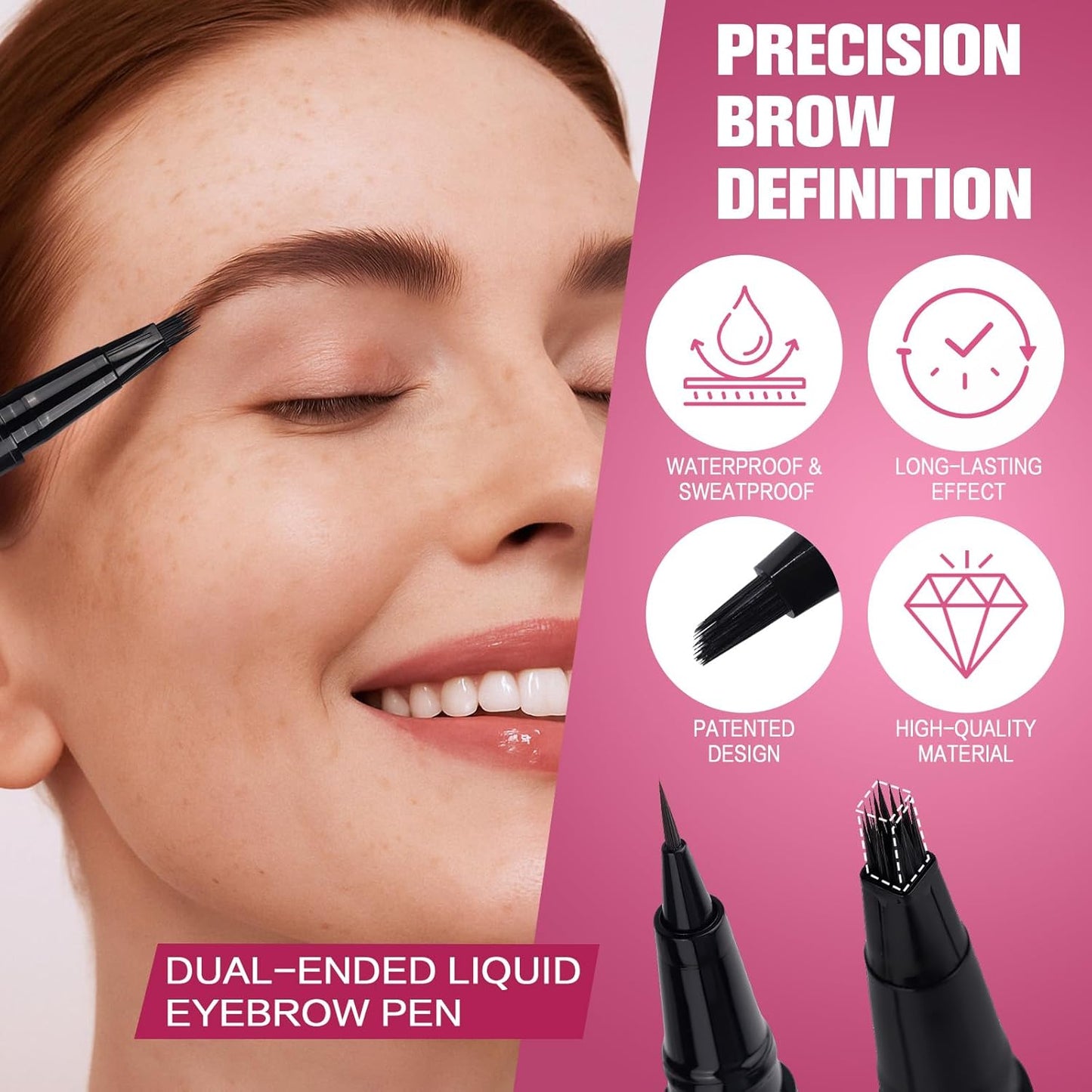 Dual Ended Microblading Eyebrow Pen - 2 in 1 Liquid Eyebrow Pencil with Brow-Fection Angled Brush & Precise Detail Brush-Tip, Shapes & Fills Hair-Like Looking Brows, Lasts All-Day, Brown