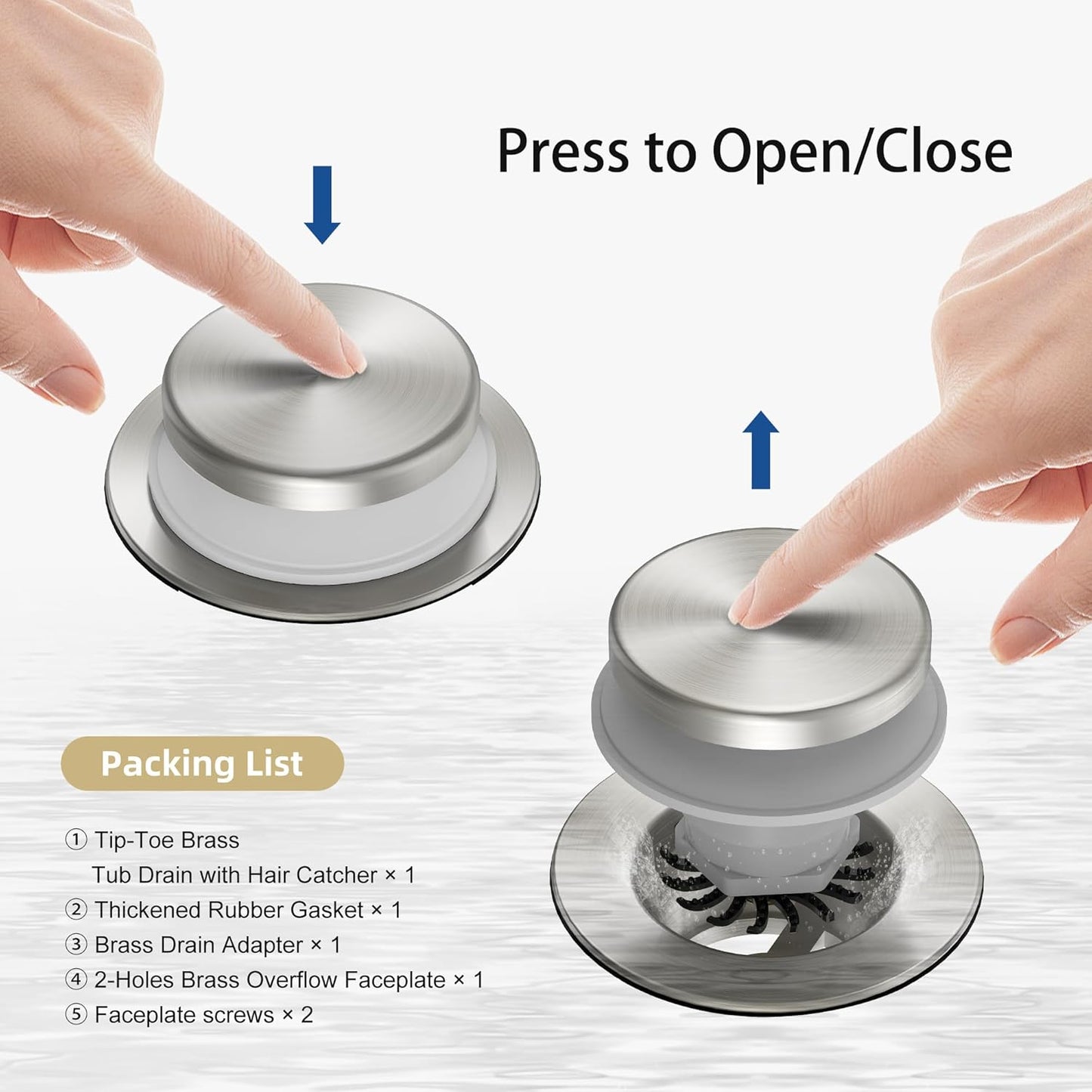 Brushed Nickel Tub Drain Kit with Hair Catcher, Premium Brass Tip-Toe Bathroom Tub Drain Replacement and 2-Hole Overflow Faceplate, 11.5/16 UNC Bathtub Drain Stopper Assembly