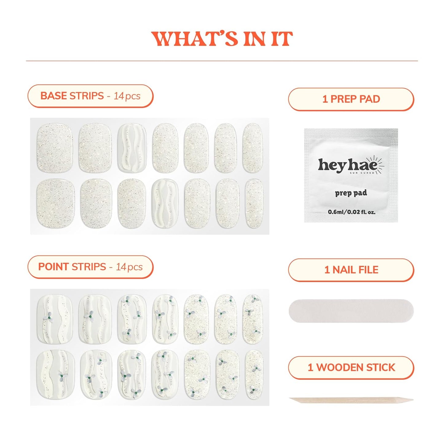 Semi Cured Gel Nail Strips | No LED Lamp Needed | Glitter, White | Easy Apply & Remove, Salon Quality Includes 28 Strips, 1 Prep Pads, Nail File & Wooden Stick - Hey, It's Enchanted Glow