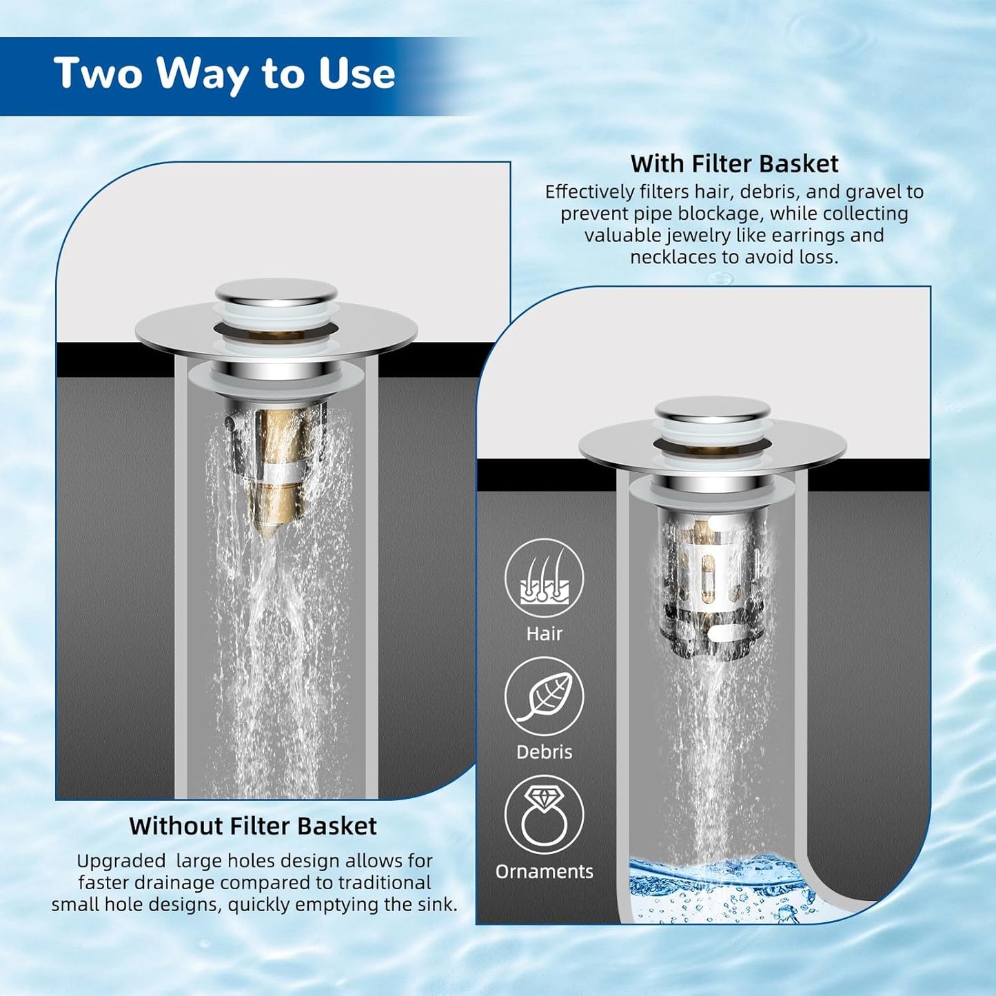 Hibbent 3 Pack Upgraded 3 in 1 Bathroom Sink Drain Strainer, Universal Pop Up Stopper with Removable Stainless Steel Filter Basket Hair Catcher, Sink Plug for 1.1''~2.36'' Basin, Brass Core, Chrome