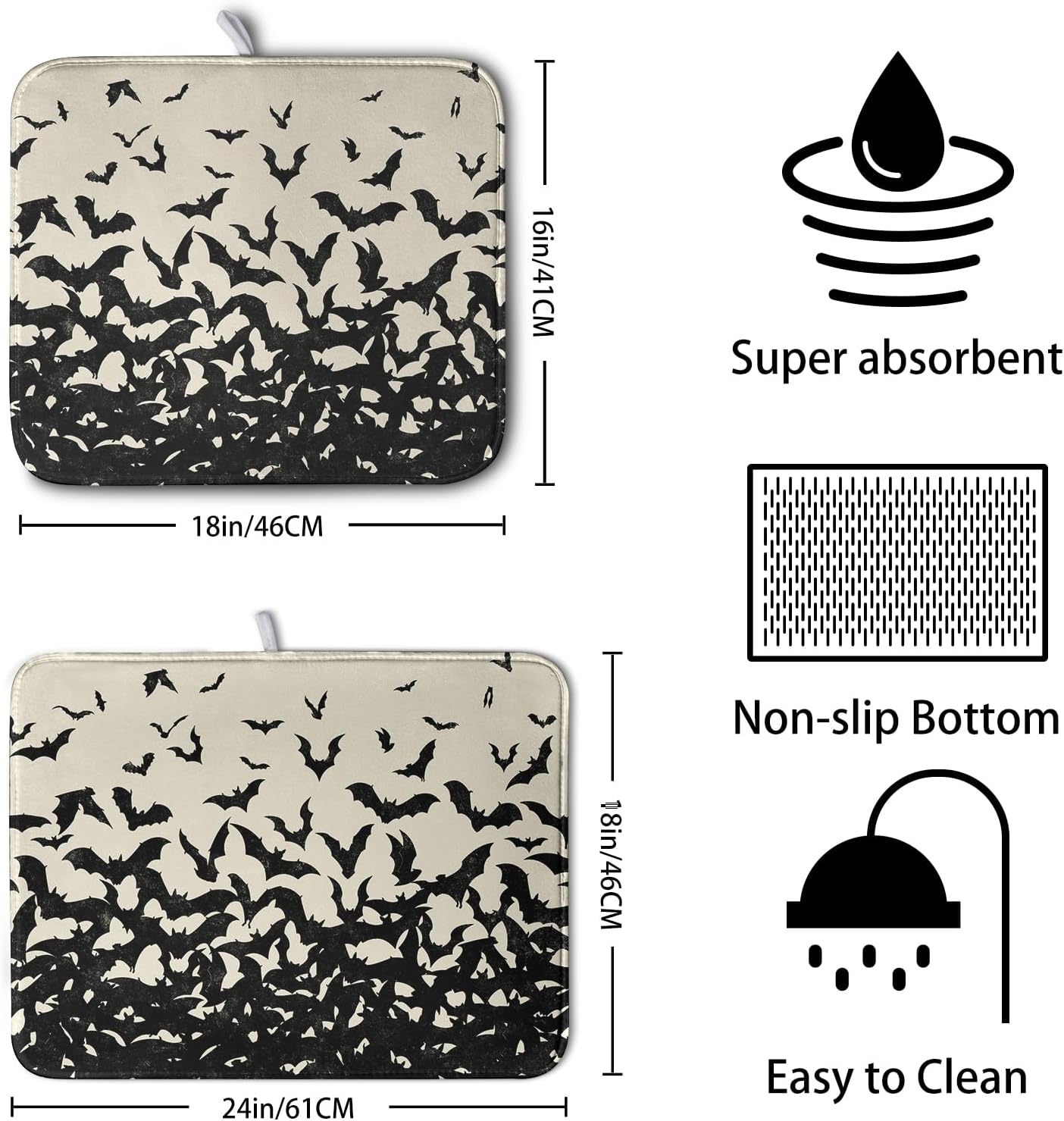 Halloween Bats Halloween Dish Drying Mat for Kitchen Counter 18x24 Inch Microfiber Absorbent Drying Mats Washable Dishes Drainer Mats Reusable Dish Rack Pad for Coffee Bar