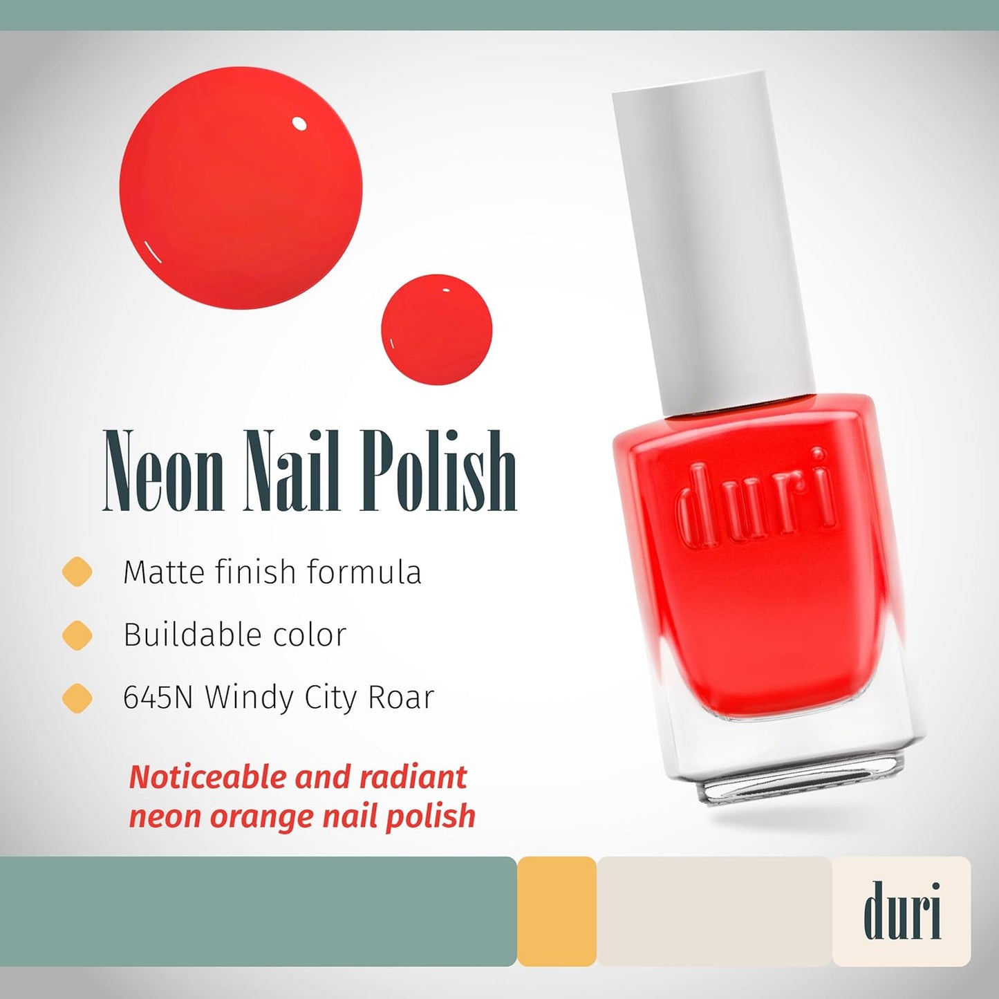 duri 645N Windy City Roar Nail Polish, Neon Orange Color, Matte Finish, 0.45 Fl Oz