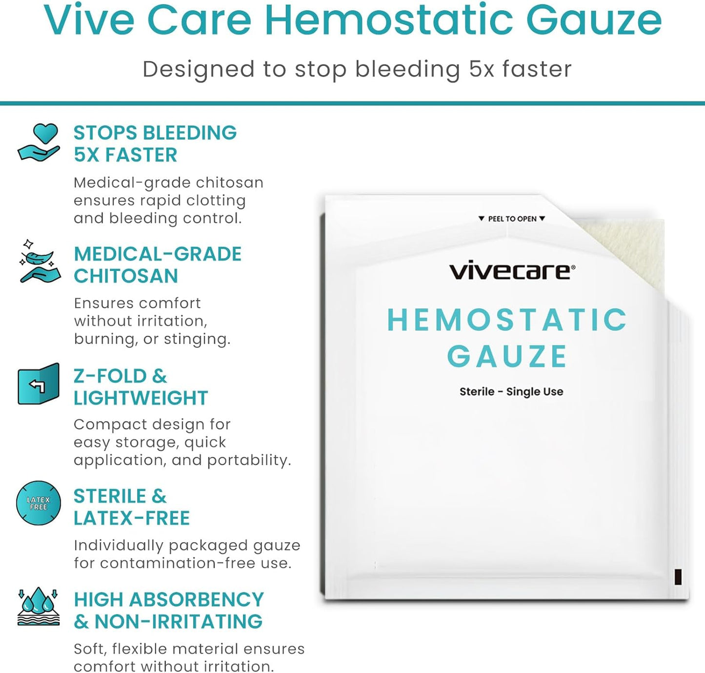 ViveCare Hemostatic Gauze (2"x2") - Quick Clot Dressing to Stop Bleeding - Wound Clotting Bandage Pads for First Aid Kit - Healing for Cuts, Abrasions, Lacerations - Product Made with Chitosan