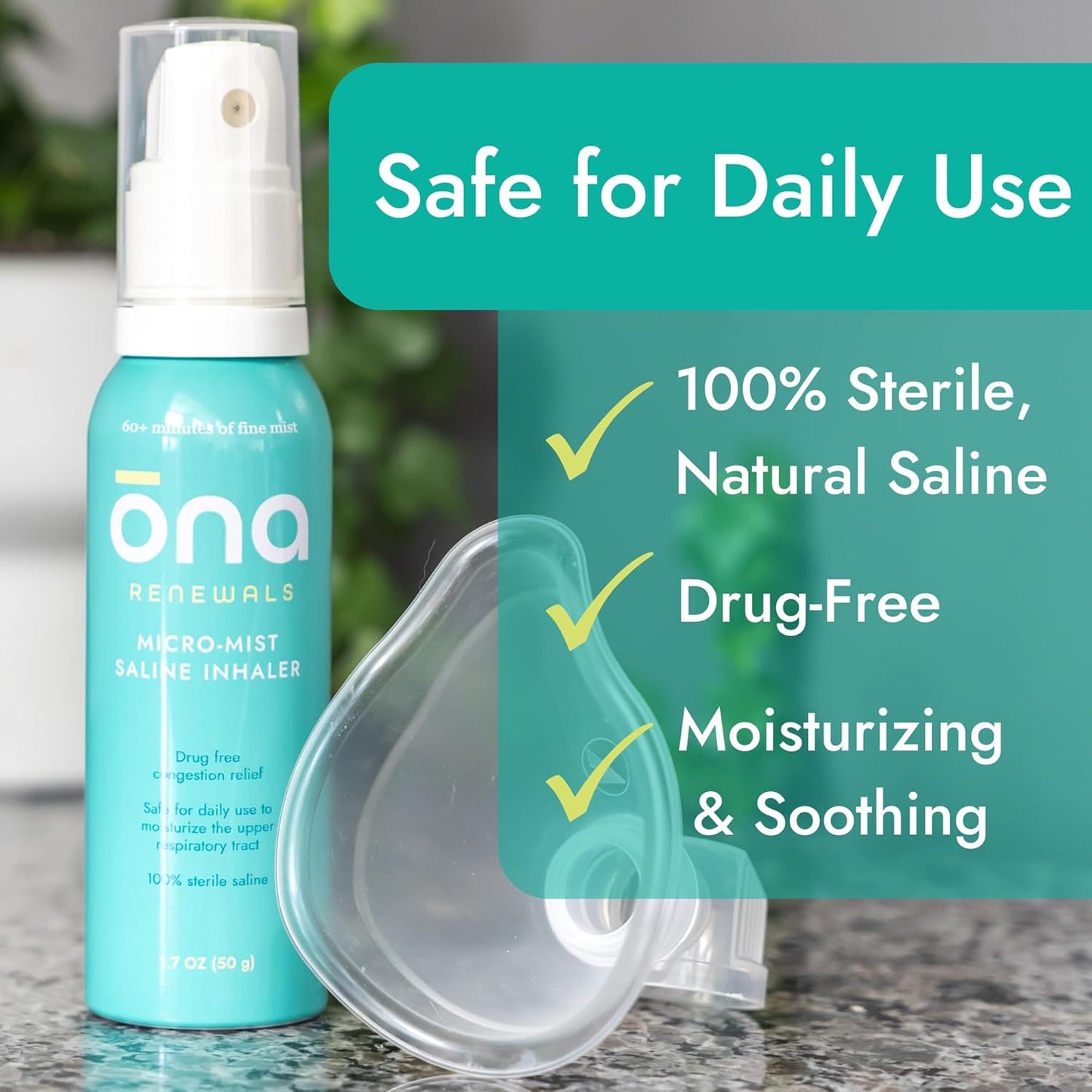 ONA Renewals Saline Micro-Mist Nasal Inhaler, Congestion Relief for Adults, Cold and Flu, Allergy, Sinus Relief, Unscented, 1.7oz