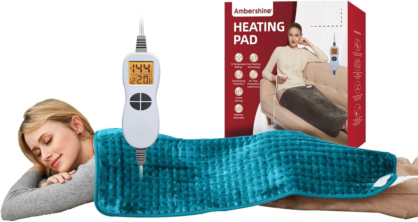 Ambershine 17''x33'' XXXL King Size Heating Pad with 12 Temperature Settings & 4 Auto-Off Countdown Timers, Pain Relief for Back/Neck/Shoulders/Abdomen/Legs, Christmas Gifts for mom dad (Light Teal)