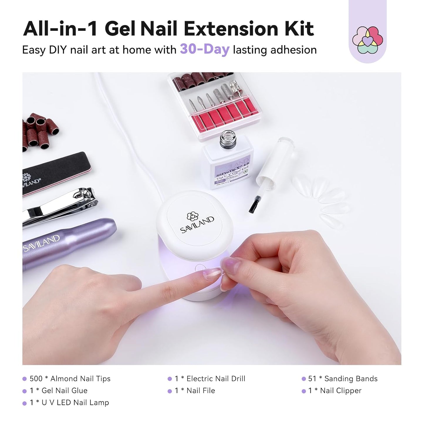 SAVILAND Pro Gel Nail Kit with Drill: Short Almond Tips 12 Sizes Gel Nail X Kit 500 PCS Strong Nail Glue U V Nail Lamp for Nail Extension Salon DIY Home Gift for Women