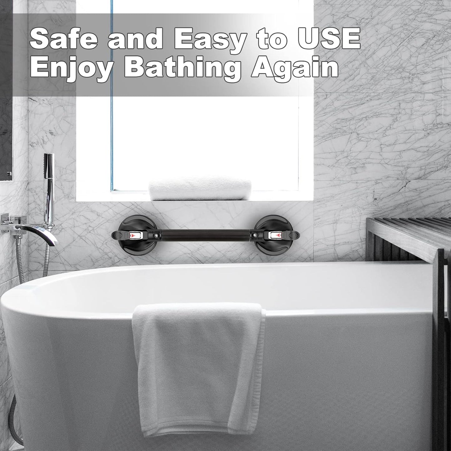 17-Inch Shower Handle - Upgraded Grab Bar with Strong Suction Cups for Bathtub & Shower Safety, Ideal for Seniors, Elderly, Disabled - Black