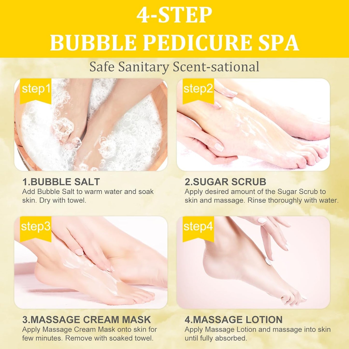 Pedicure Kit Foot Soak Set: Bubble Salt, Sugar Scrub, Massage Mask, Massage Lotion in a Box, 4 Step Foot Spa Kit for Dry Feet, Calluses and Tired Feet(1 Set Milky Flower)