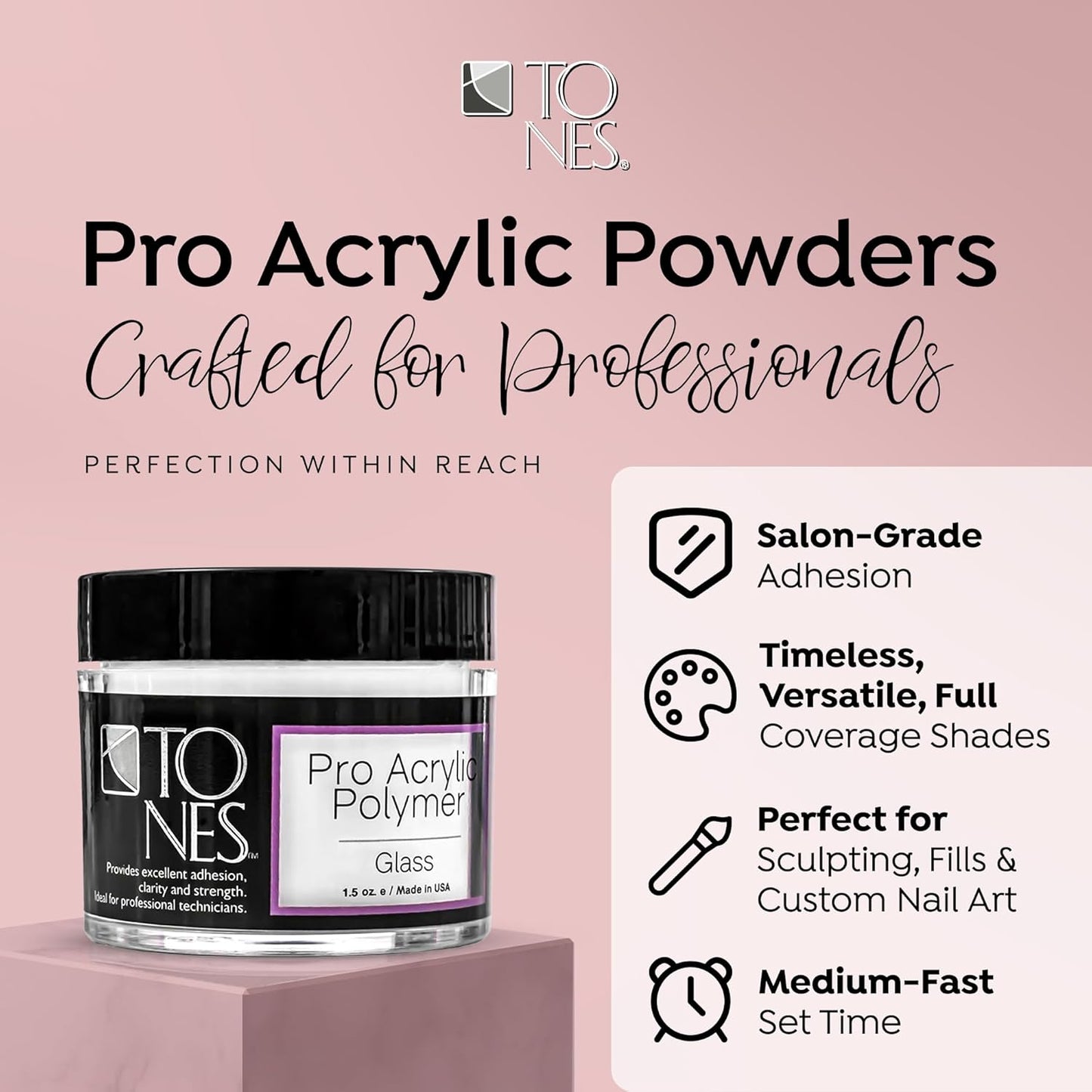 Tones Pro Acrylic Nail Powder, Glass (Clear), (3.5 Fl Oz) - Long-Lasting & Non-Yellowing Polymer for Salon Quality Nail Extensions & 3D Art