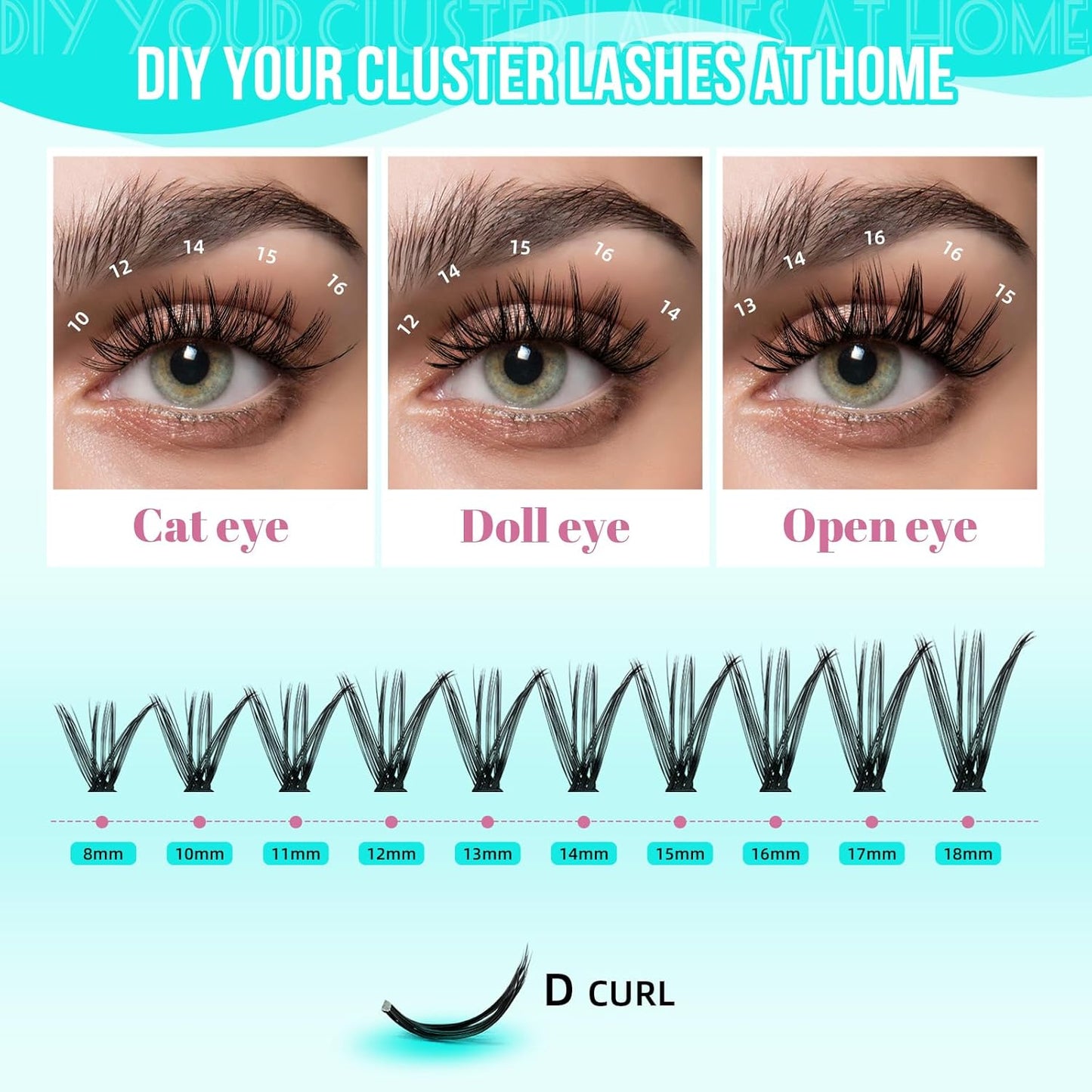 Lash Clusters 200pcs, Eyelash Extension Kit 40D D Curl Diy Cluster Eyelashes Extensions Lash Bond and Remover Waterproof Lash Applicator Tools for 8-18mm Mix Lashes Beginner Self Use