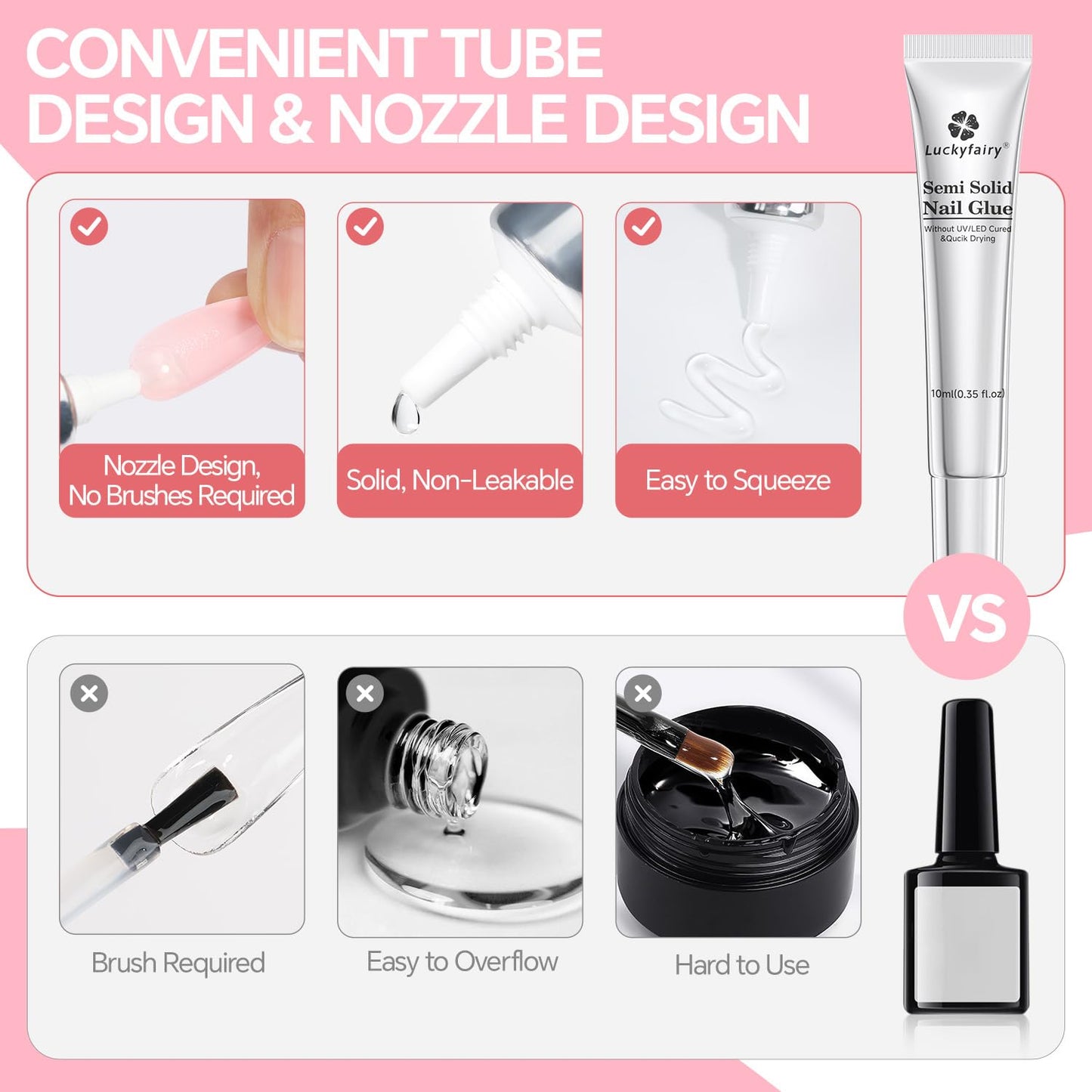 Super Strong Solid Nail Glue Gel for Press On Nails Tips, No U V Light Needed Gel Nail Glue 10g (2pcs) Quick Drying Adhesive Long Lasting Fake Acrylic Nails Glue Kit