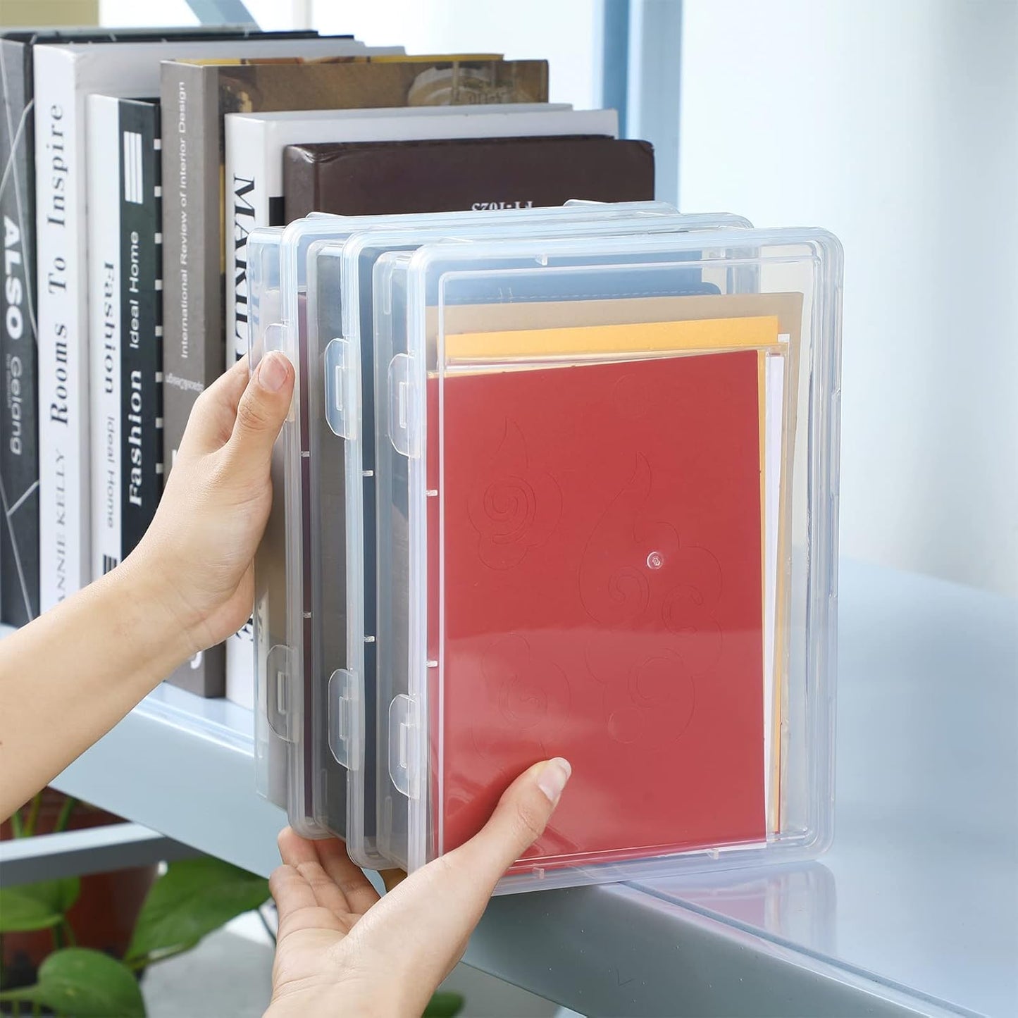 Qunclay 6 Pcs 13'' X 9'' X 2'' Plastic Storage Box with Lid Multipurpose Craft Organizers Plastic Containers Clear Pencil Case Art Satchel Storage Case for Beads Ornaments Crafts Accessories