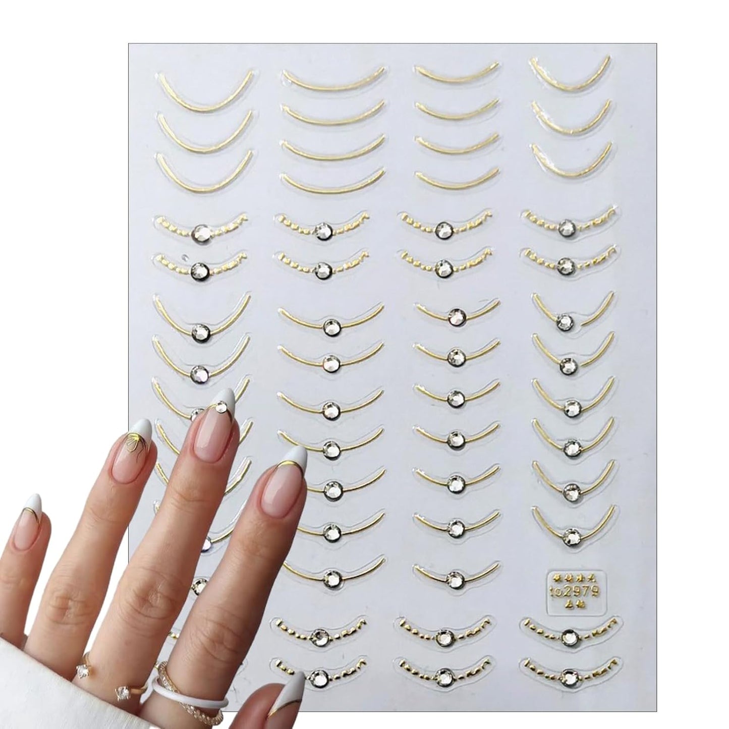 2 Sheets French Tips Nail Art Stickers - 5D Holographic French Simple Gold Silver Line Nail Stickers with Crystal Diamond Design Nail Decals for Women Manicure Decorations