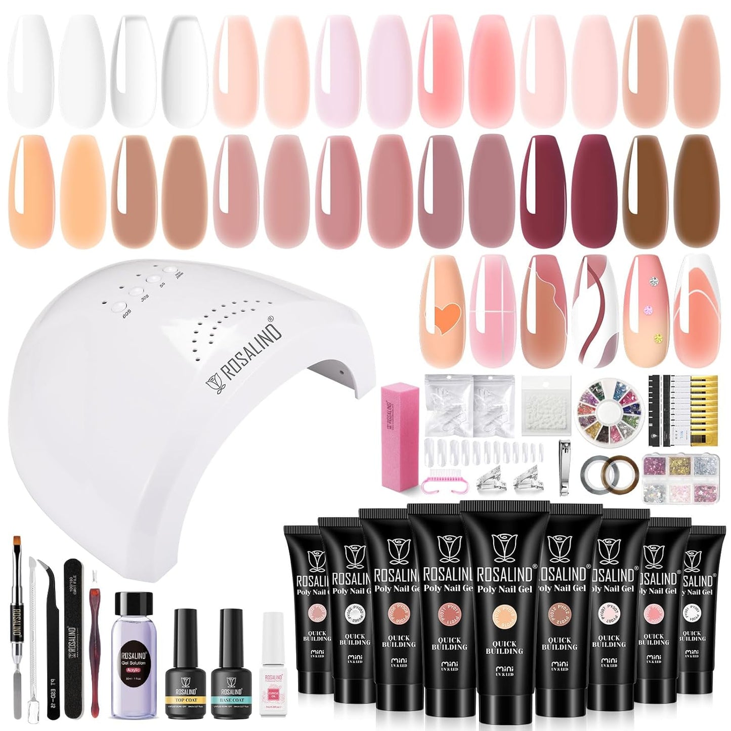 ROSALIND 14PCS White Nude Poly Nail Gel Kit with Nail Lamp Brown Purple Poly Extension Gel Set