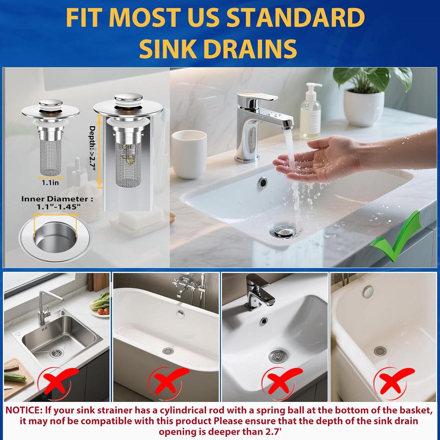 Bathroom Sink Drain Strainer, Pop-Up Bathroom Sink Stopper with Removable Stainless Steel Hair Catcher Basket, Universal Fit for US Bathroom Sinks, Bathtubs, Showers & Floor Drains (Silver*4)