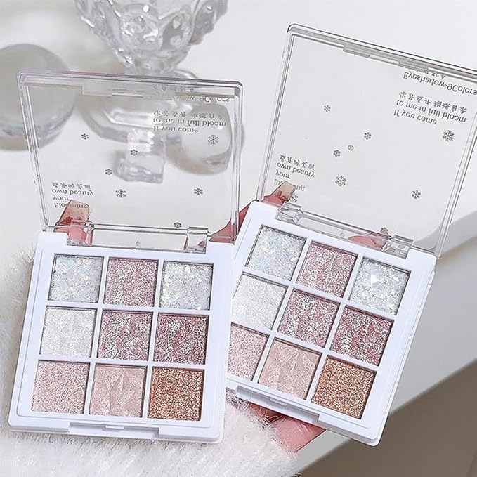 Pink White Glitter Shimmer Sparkle Eye Shadow Palette, Warm Pastel 9 Colors Sparkle eyeshadow Palette Makeup,Colorful Long Lasting Waterproof Naturing-Looking (ice glitter)