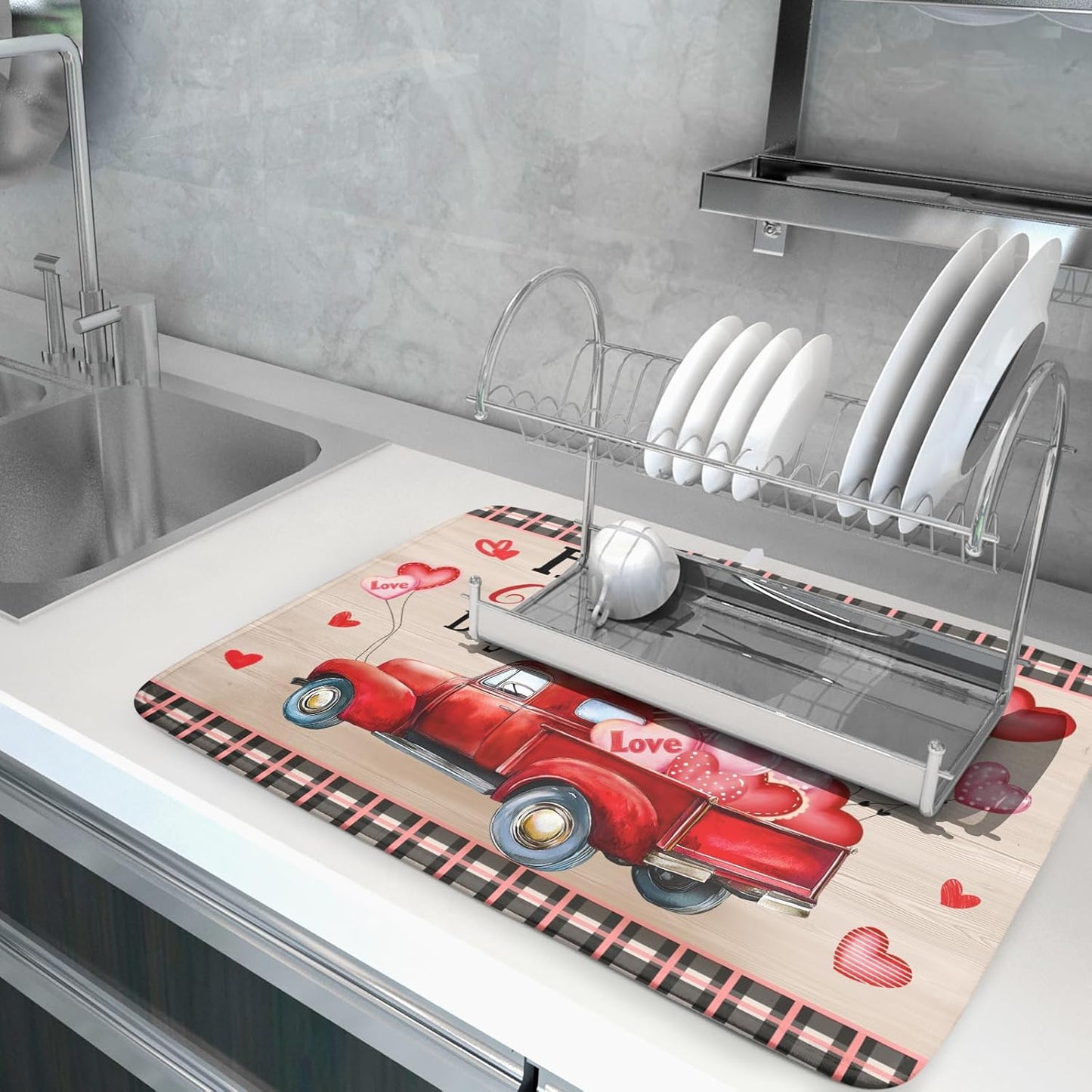 Valentine's Day Truck Dish Drying Mat 18x24 inch Love Heart Washable Absorbent Dishes Pad Dish Drainer Mat for Kitchen Counter Sink Coffee