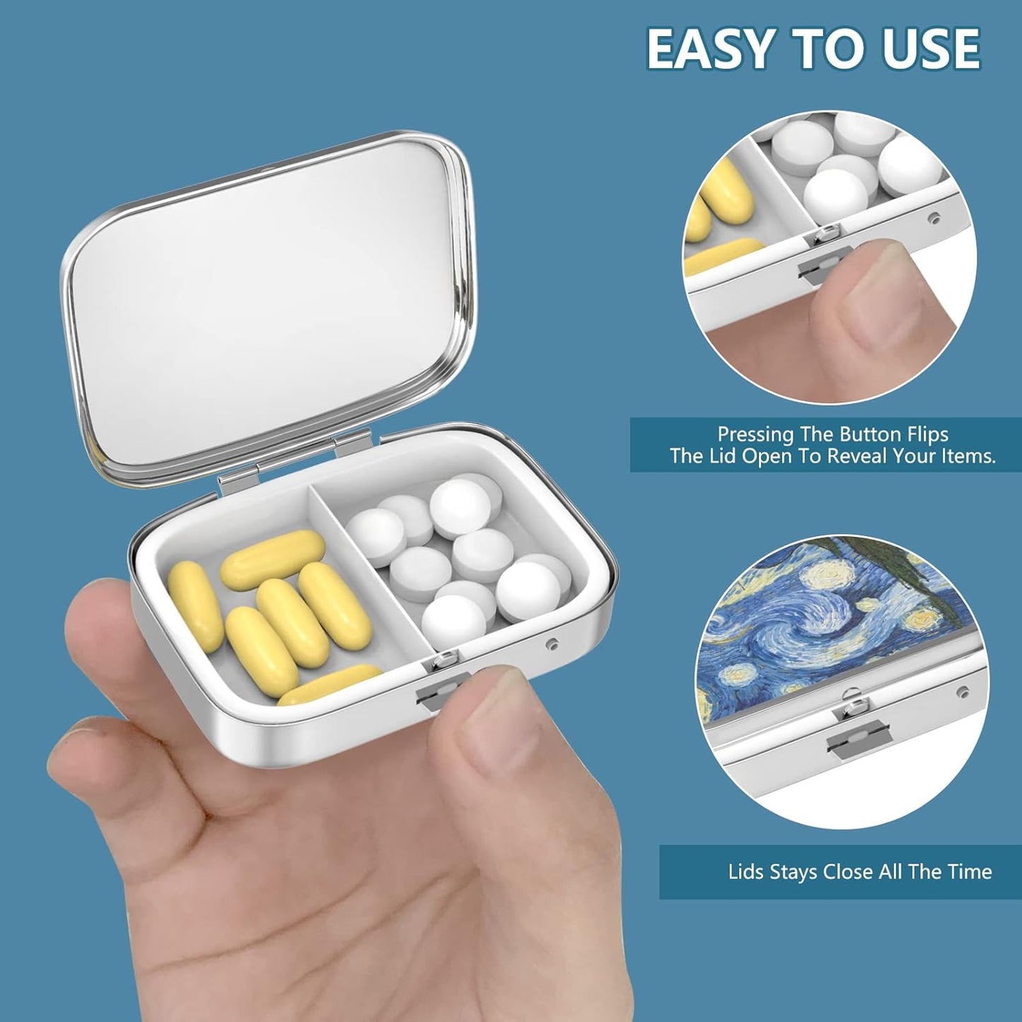 Pill Box 2 Compartment Small Pill Case,Portable for Pocket or Purse Pill Organizer Pill Container Holder to Hold Vitamins, Medication, Fish Oil and Supplements(Vintage Flower Abstract Floral)
