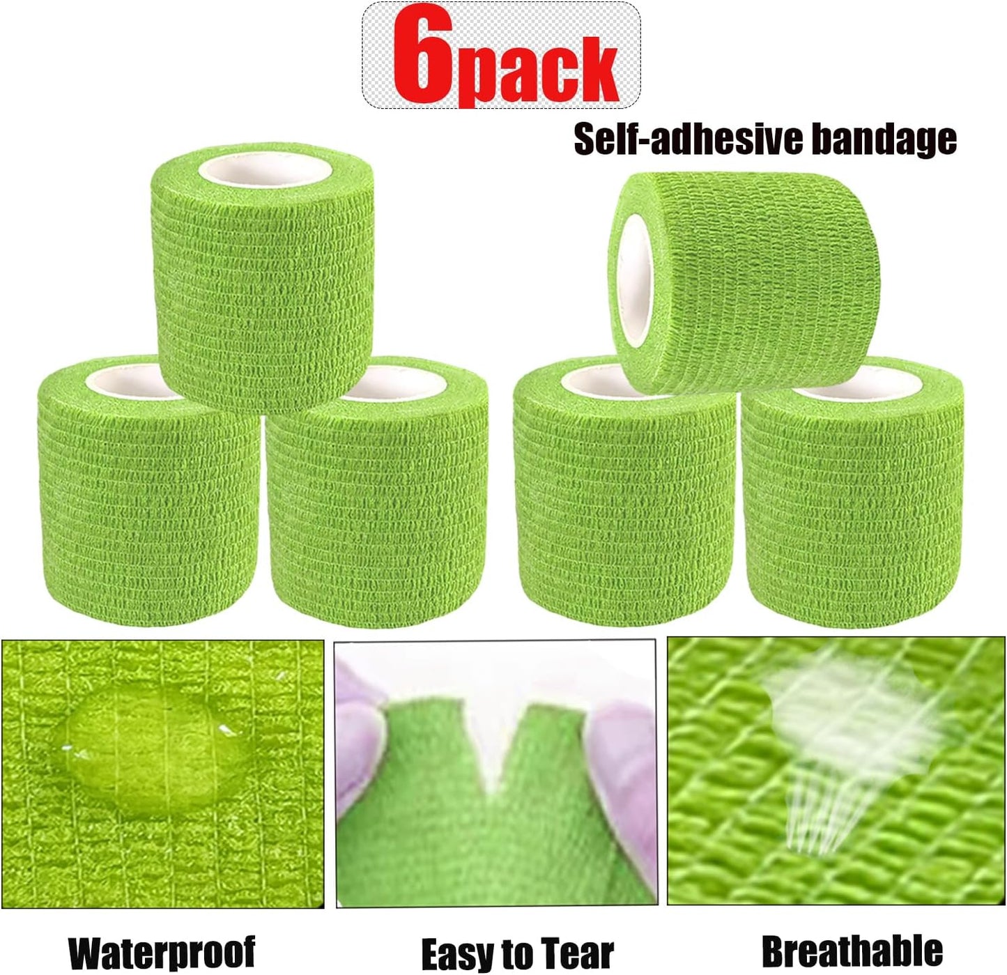 Hysiwen 6 Pack 2" x 5 Yards Self Adhesive Bandage Breathable Cohesive Wrap Self Adherent Vet Tape Self Stick Bandage Wrap for Sports, Athletic, Wrist, Ankle(Green)