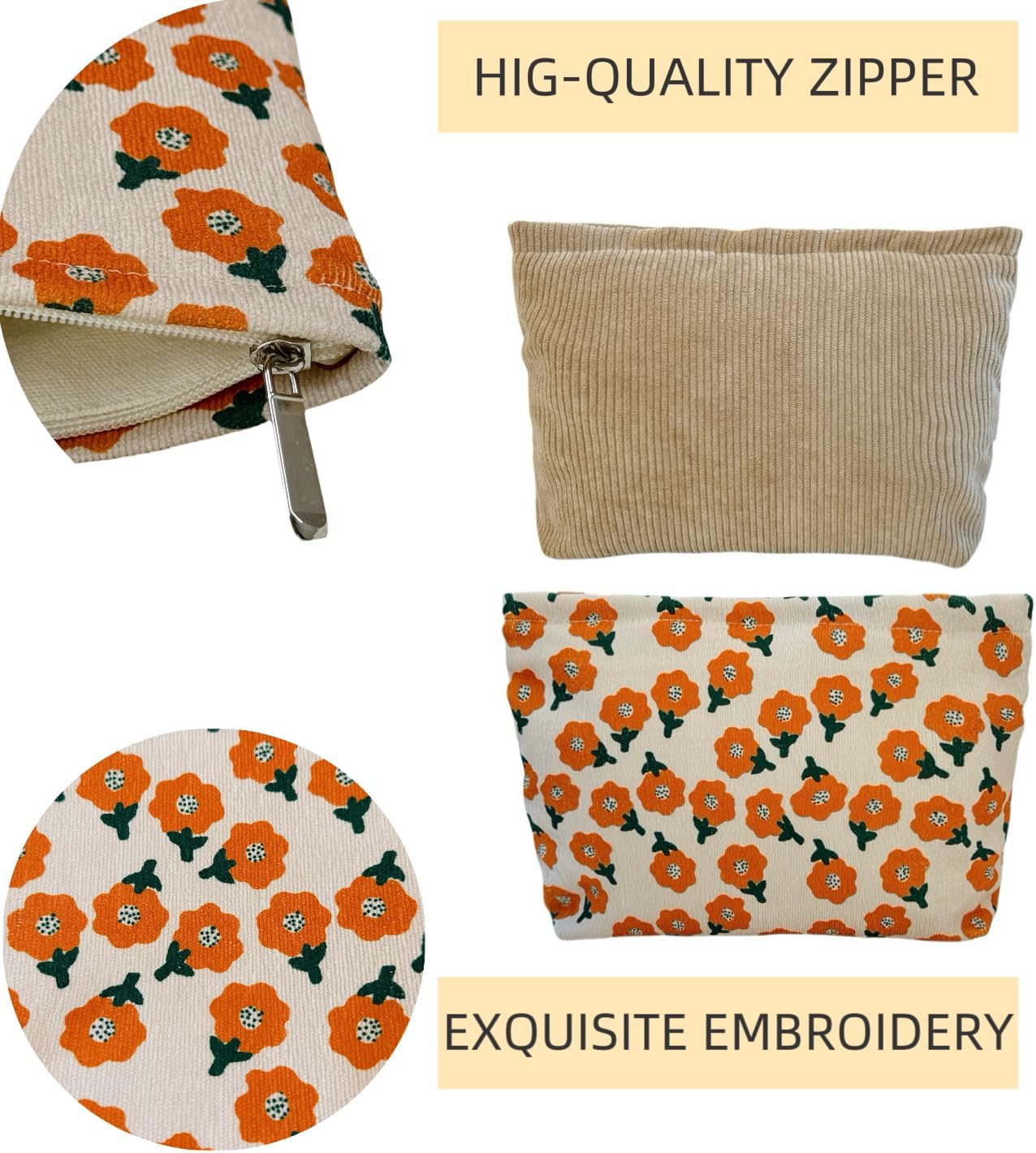 2 large makeup bags Women's Corduroy Canvas Makeup Bag, Travel Makeup Bag, Wallet Organizer, Khaki and Orange Flower Pattern