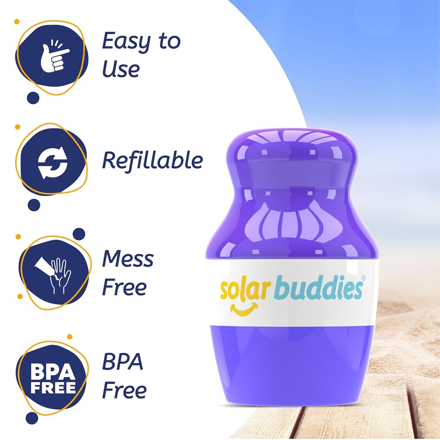 Solar Buddies Bag Bundle & Carabina Clip - Full Purple - Refillable Roll on Sponge Sunscreen, Suncream & Lotion Applicator For Kids, Adults & Families - Holds 3.4fl oz, Perfect Size for Travel