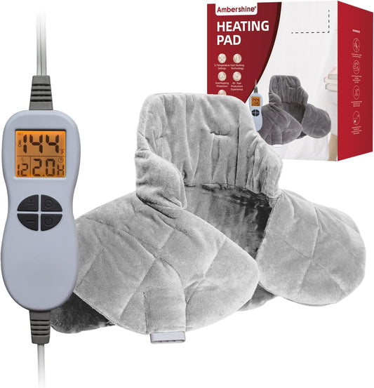 Ambershine 19''x24'' Weighted Neck & Shoulder Heating Pad, 2.5lbs with 12 Temperature Settings& 4 Auto-Off Timers, Pain Relief for Neck/Shoulder/Back, Christmas Gifts for Women Men Mom Dad(Light Gray)