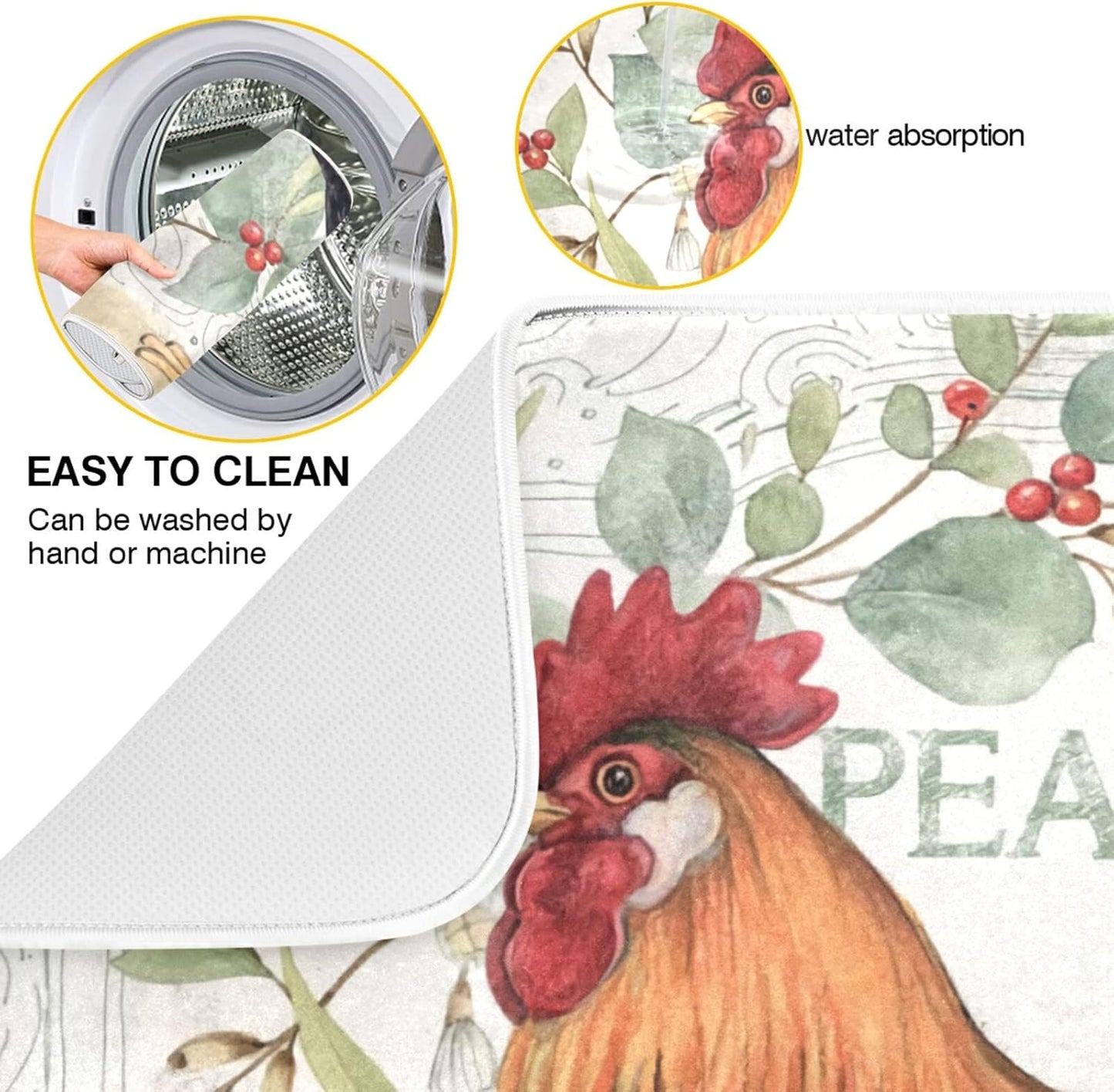 Farmhouse Rooster Farm Dish Drying Mats for Kitchen 18x24 inch Drying Mat Absorbent Microfiber Dish Mat Drainer Rack Mats Fast Dry for Kitchen Counter