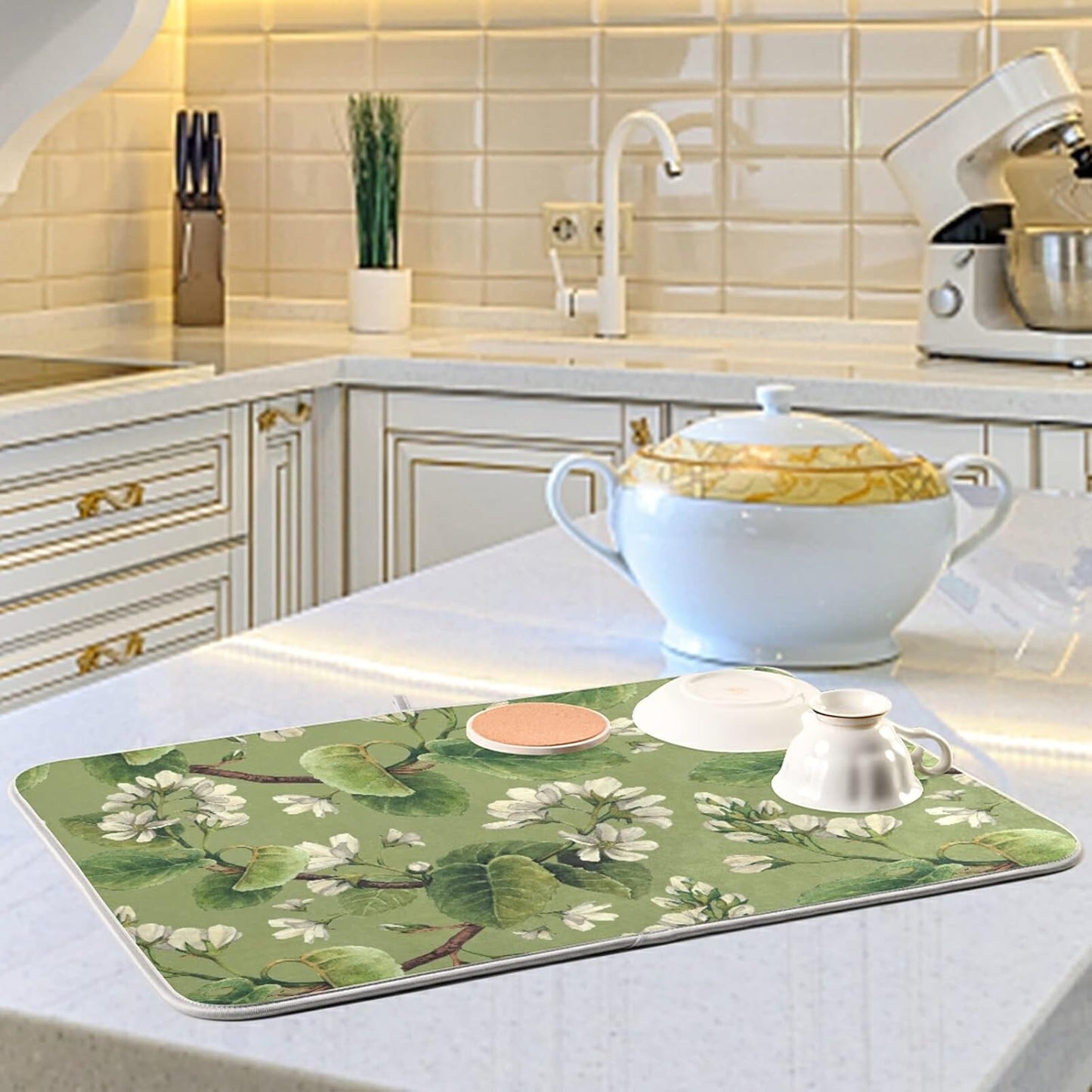 Dish Drying Mat for Kitchen Counter 18 x 16 Inch Vintage White Floral Green Leaves Microfiber Dish Mat Drying Pad Absorbent Dishes Pad Dish Drainer Rack Mats