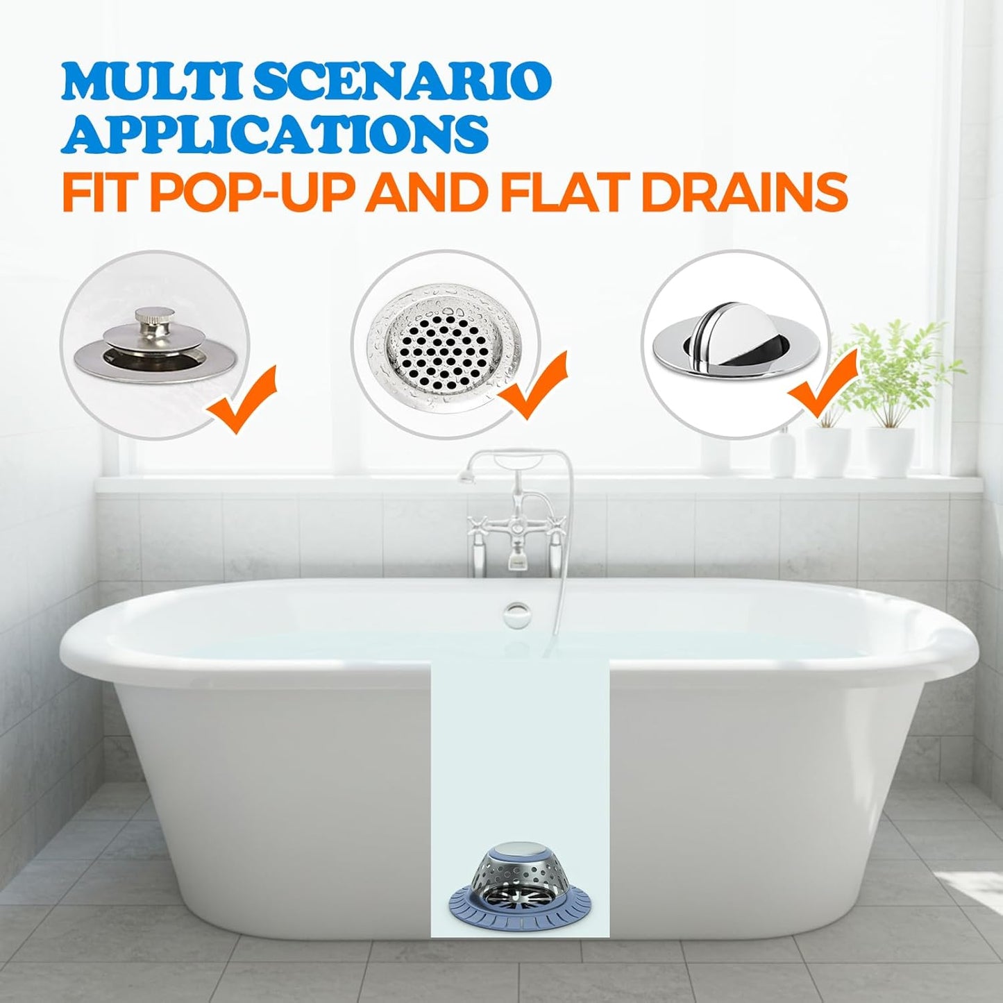 zaa Drain Hair Catcher - Bathtub Drain Cover, Hair Stopper for Bathtub Drain, 304 Stainless Steel Drain Protector and Hair Trap for Flat & Pop-up Drains, Silver Blue