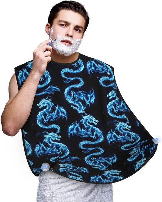 Strong Suction Cup Beard Grooming Bib, Non-Stick Hair Catcher, Waterproof, for Shaving, Black Blue Fire Dragon Art