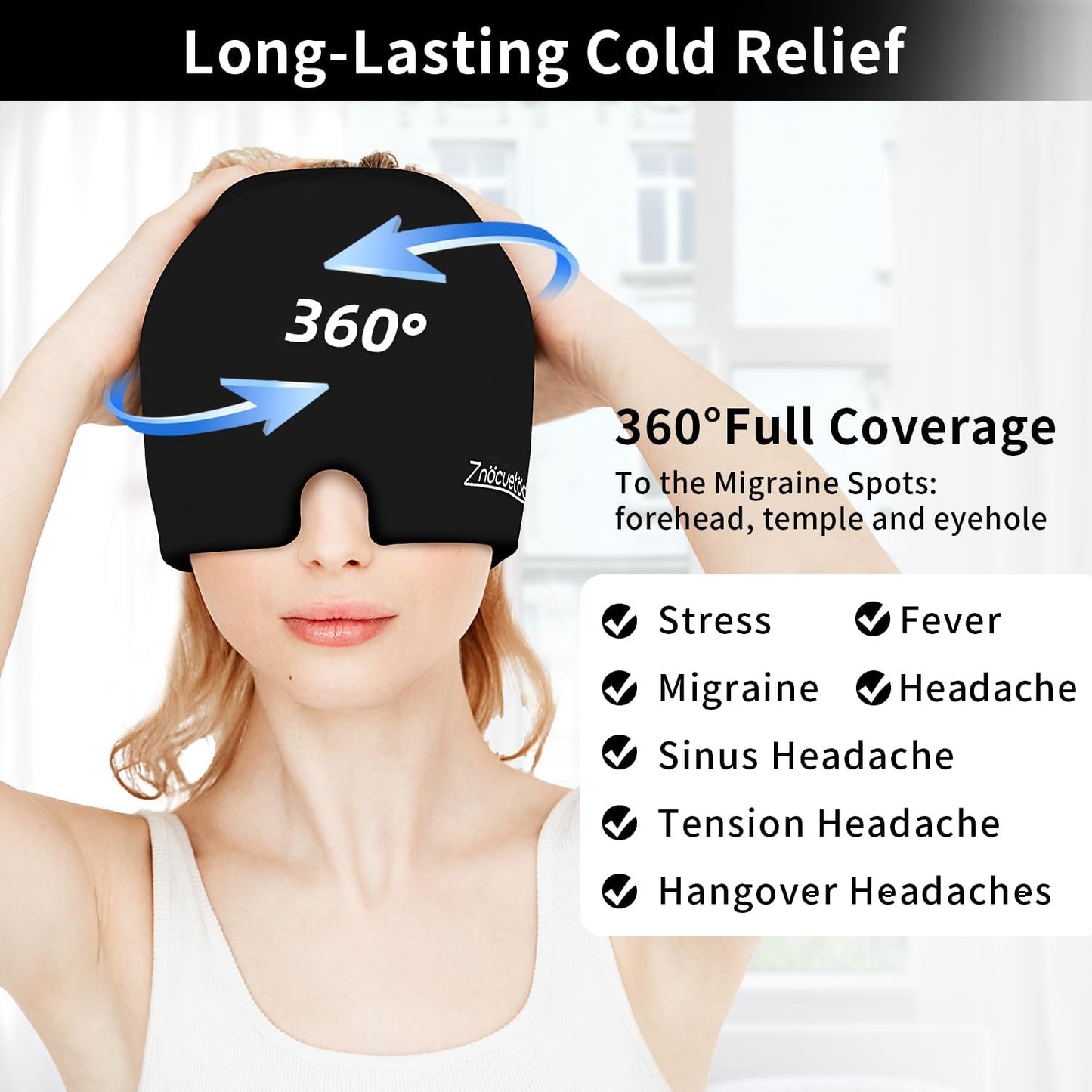 ZNÖCUETÖD Migraine Headache Relief Cap Hat Full Head ice Pack Wrap Cooling Gel Ice Beanie Hot/Cold Compress Hangover Cap for Sinus, Stress, Tension, Head Pain Relief, Women Men