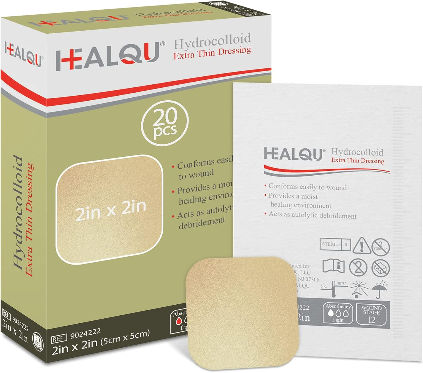Healqu Hydrocolloid Wound Dressing - 2x2" Thin - Box of 20 Large Bandages - Sterilized Bordered Hydrocolloid Patches for Bed Sores, Abrasions, and More - Waterproof and Absorbent with Protective