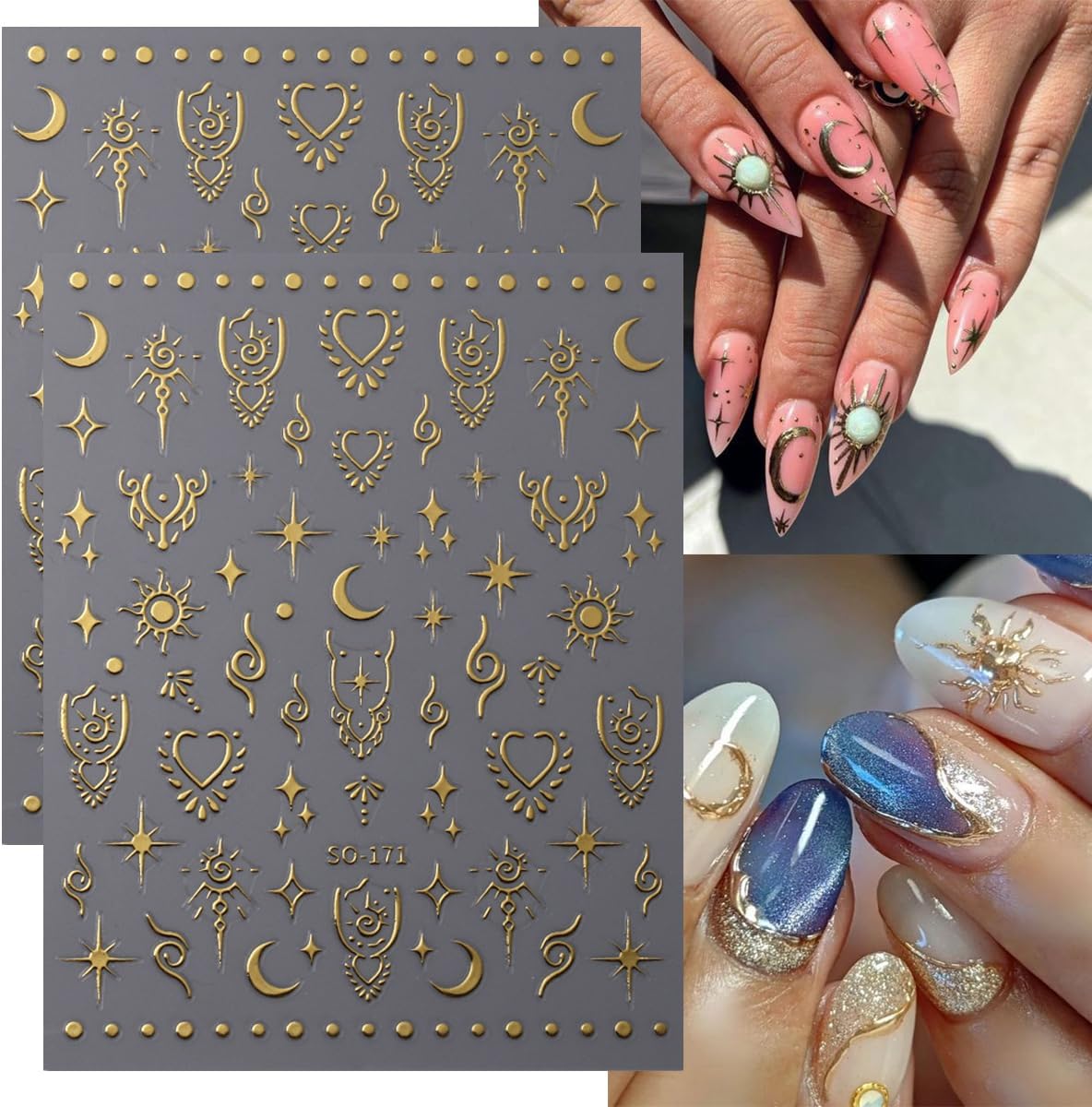 8Sheets Moon Star Nail Art Stickers 3D Self-Adhesive Metallic Sun Nail Decals Holographic Laser Glitter Nail Art Design Stickers Stars Sun Silver Nail Stickers for Women Acrylic Nail Decor Charms DIY