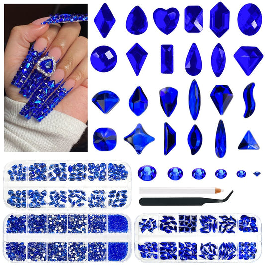 3 Boxes Royal Blue Nail Rhinestones 240 Multi-Shapes Sapphire Big Gems K9 Glass Flatback Round Beads Crystals Stones Diamonds Nail Art Charms for Nails Face Eyes Makeup Crafts Tumblers Clothes