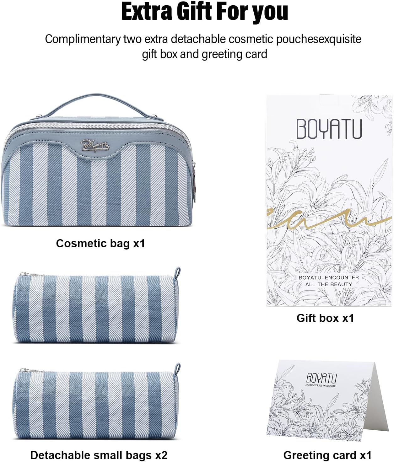 BOYATU Travel Makeup Bag for Women: Large Cosmetic Bag Set of 3 - PU Leather Make up Bag with Compartments - Compact Waterproof Toiletry Bag with Divider & Handle (A-02Blue)