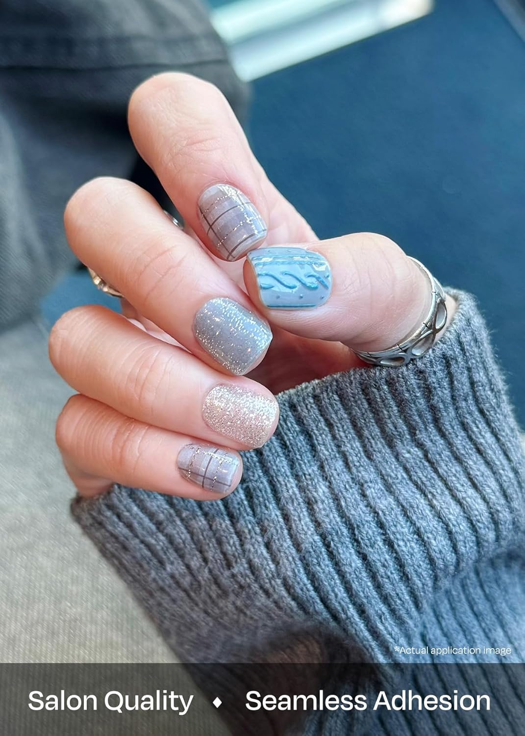 ohora Semi Cured Gel Nail Strips (N Fuzzy Sweater) - Blue & Gray, Works with Any UV/LED Lamps, Salon-Quality, Long Lasting, Easy to Apply & Remove - Includes 2 Prep Pads, Nail File & Wooden Stick