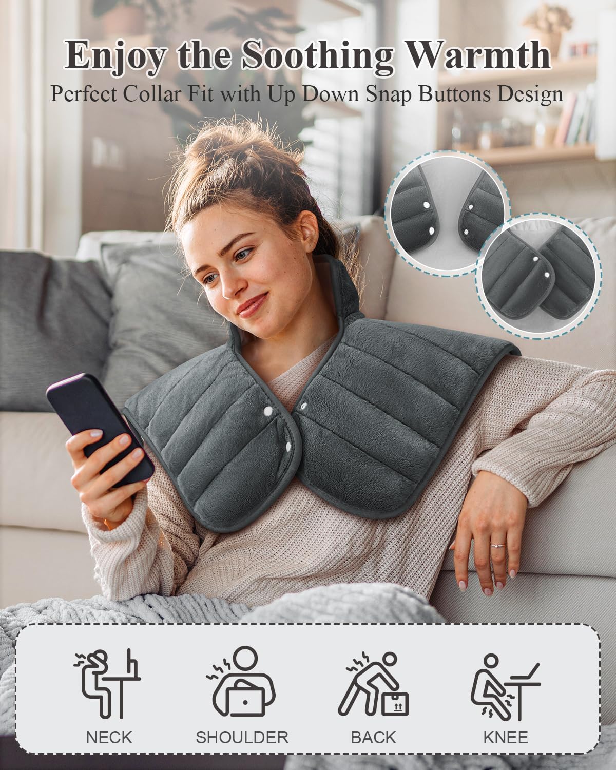 Heating Pad for Neck and Shoulders and Back, 24"x23" XL Large Electric Heated Wrap for Pain Relief, Gifts for Women Men, 2lb Weighted, 6 Heat Settings, 4 Timers, Silver Grey