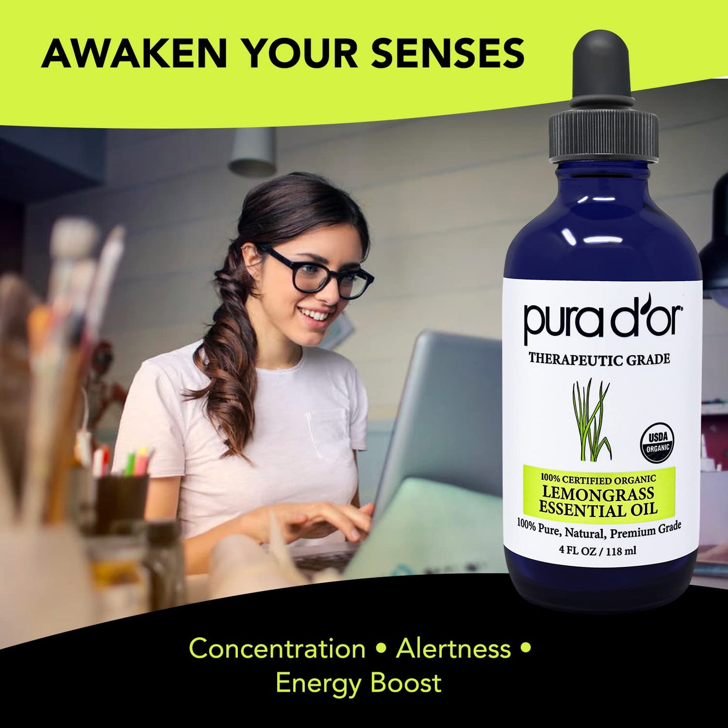 PURA D'OR Organic Lemongrass Essential Oil, 4oz, Therapeutic Grade, for Hair, Body, Skin, Aromatherapy, Relaxation, Massage, Vitality, Home, DIY Soap